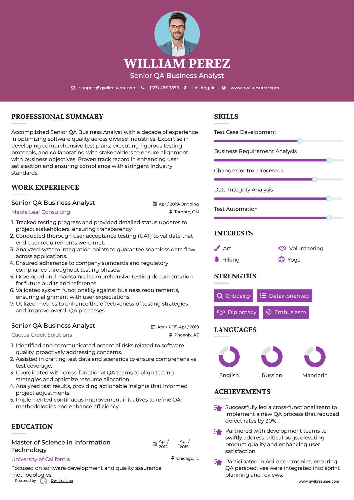 Senior QA Business Analyst Resume Template