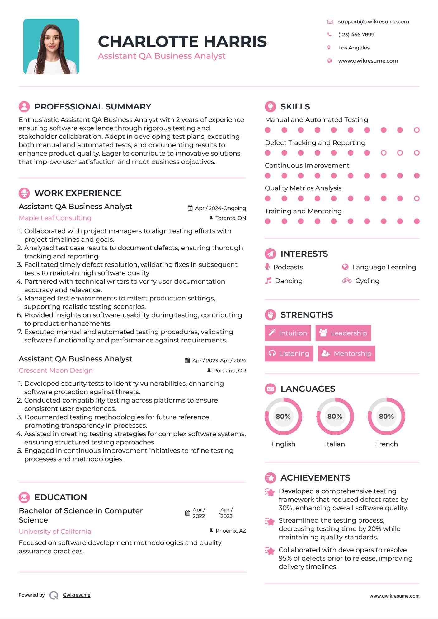 Assistant QA Business Analyst Resume Format