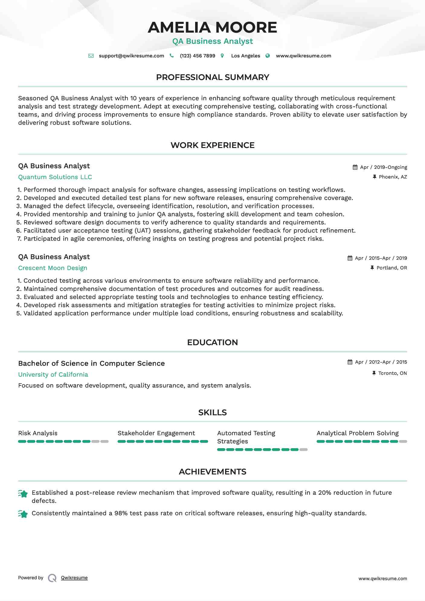 QA Business Analyst Resume Sample