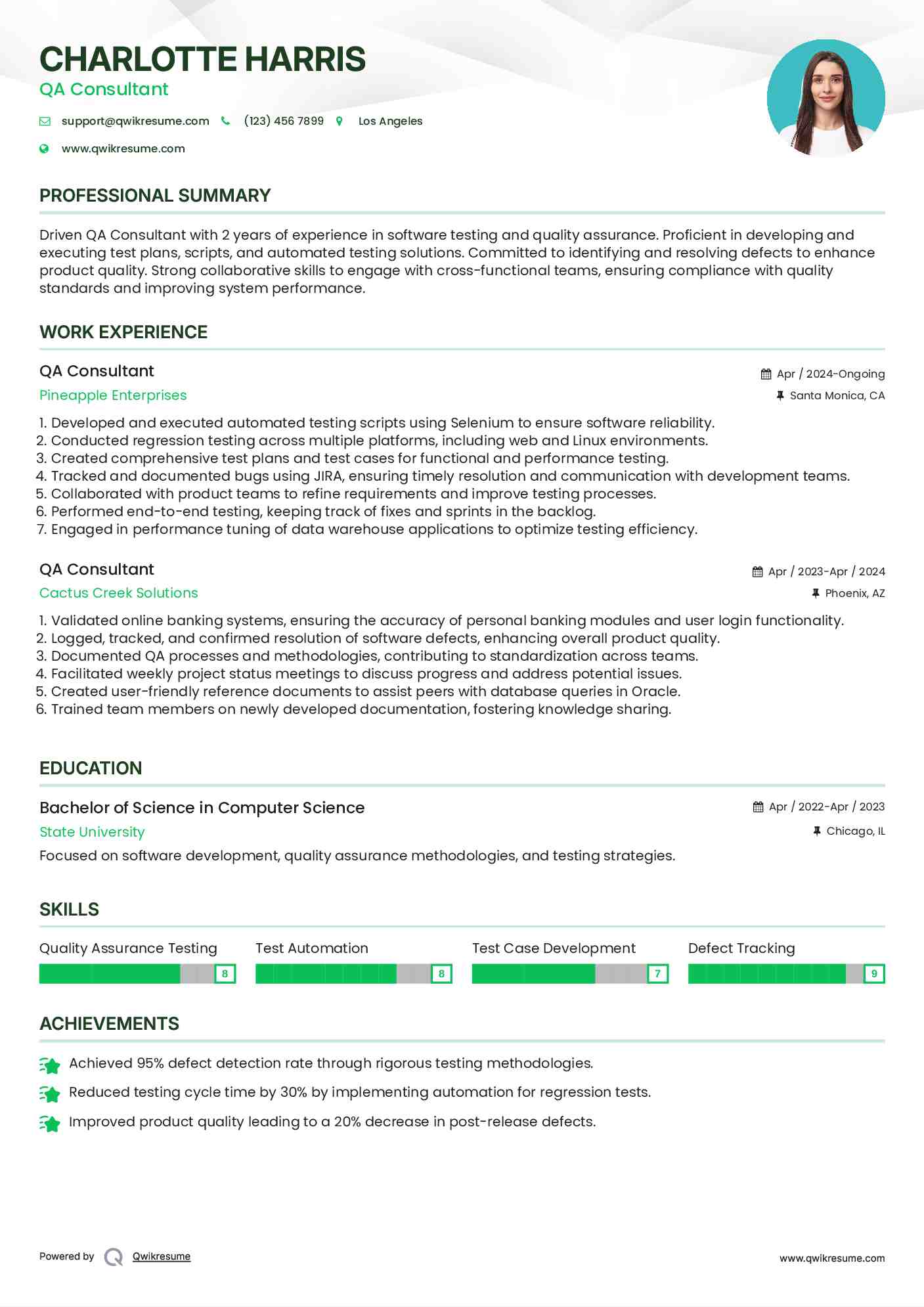 QA Consultant Resume Example
