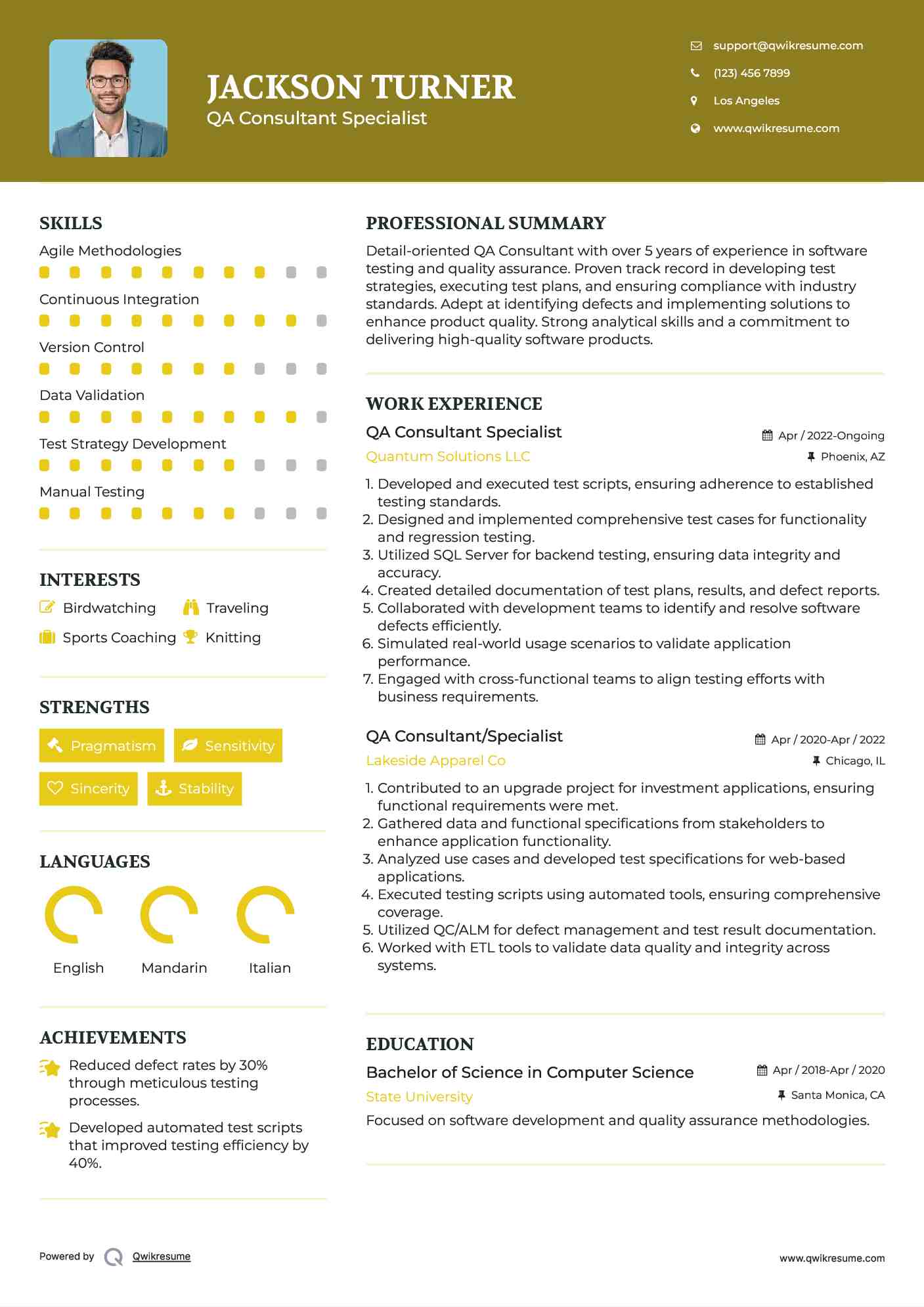 QA Consultant Specialist Resume Template