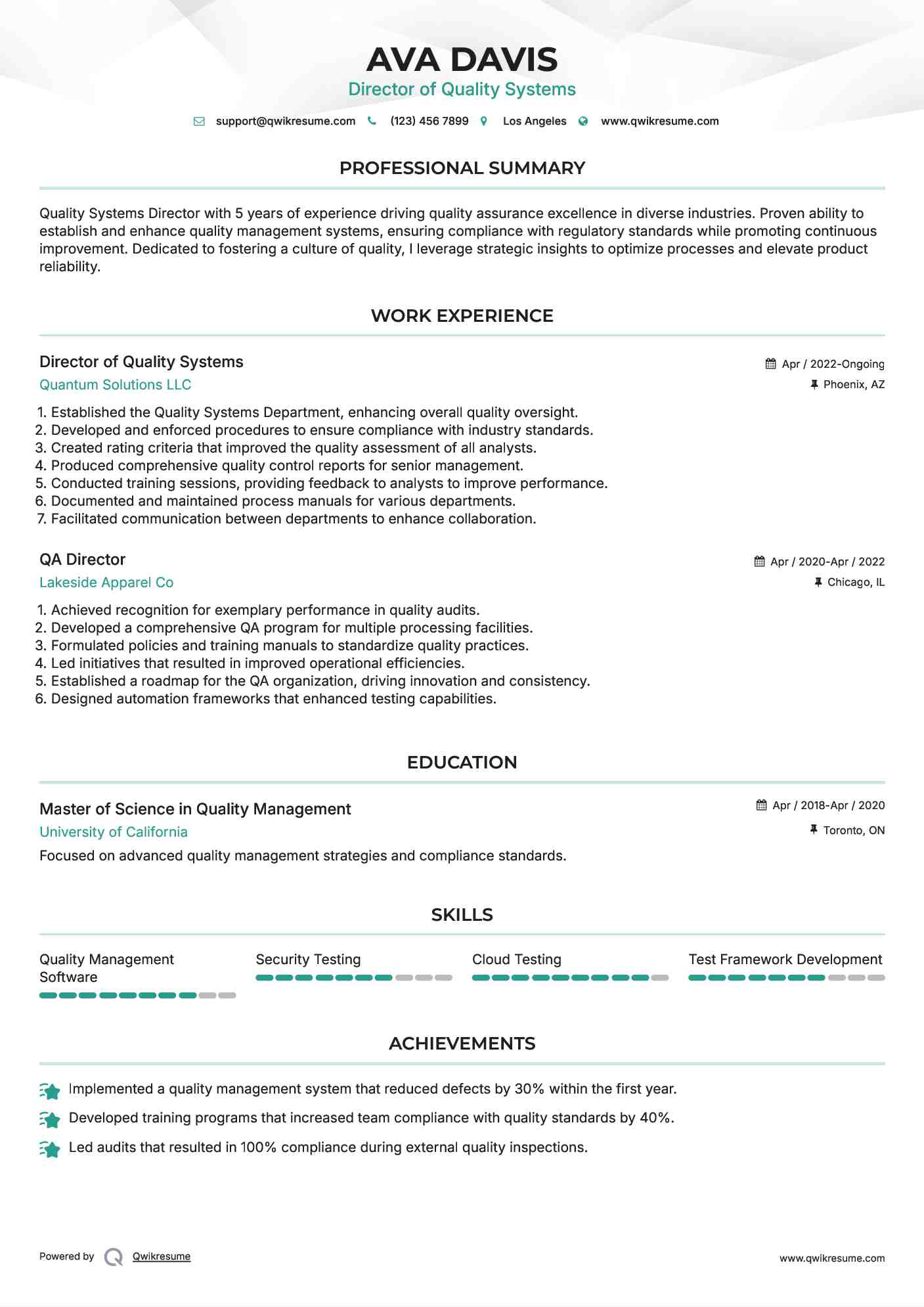 Director of Quality Systems Resume Model