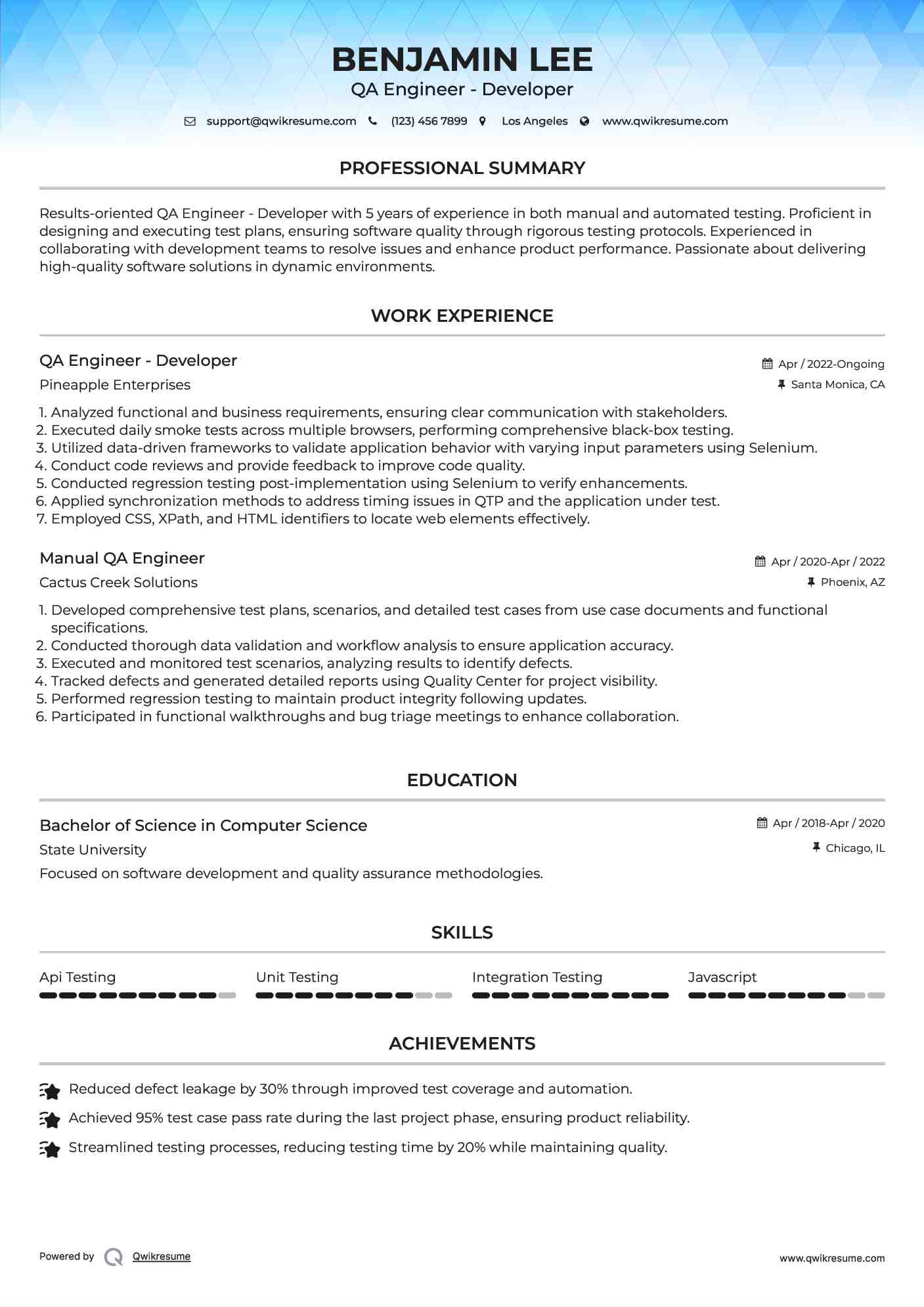 QA Engineer - Developer Resume Format