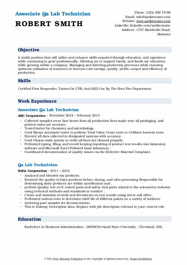 QA Lab Technician Resume Samples QwikResume