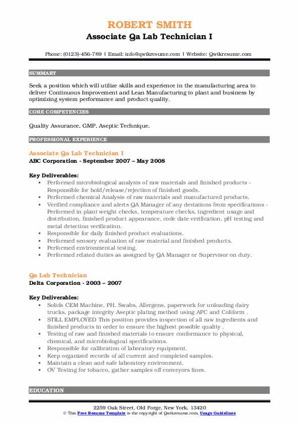 QA Lab Technician Resume Samples QwikResume