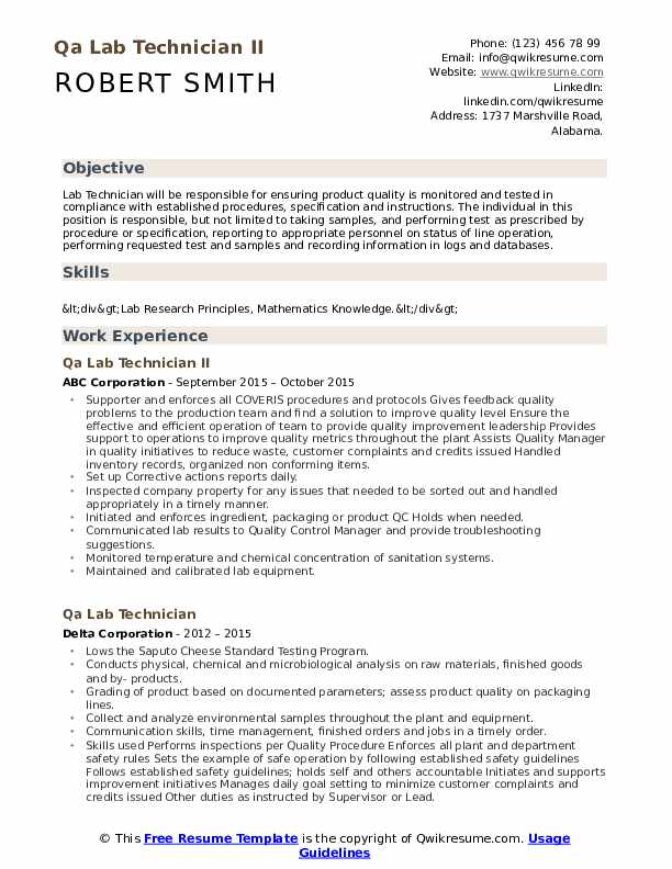 QA Lab Technician Resume Samples QwikResume