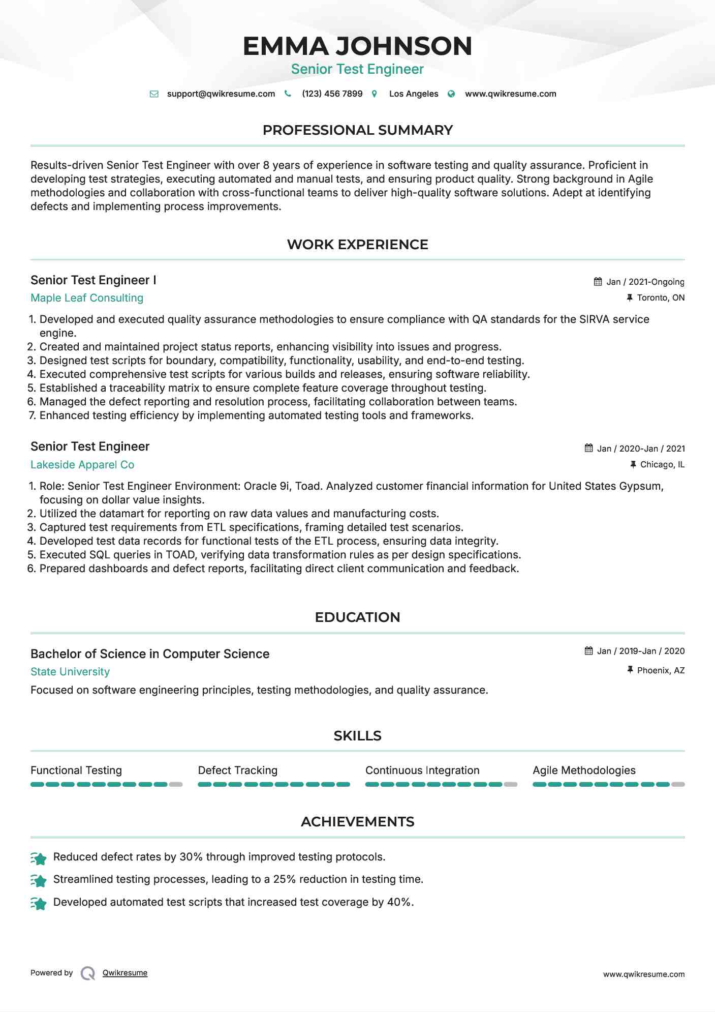 Senior Test Engineer I Resume Template