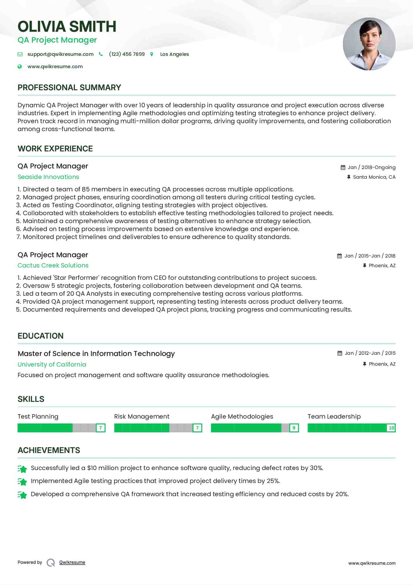 QA Project Manager Resume Model