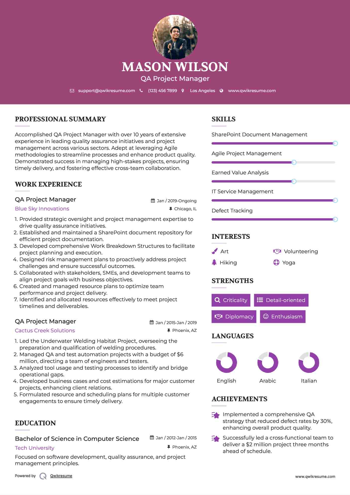 QA Project Manager Resume Model