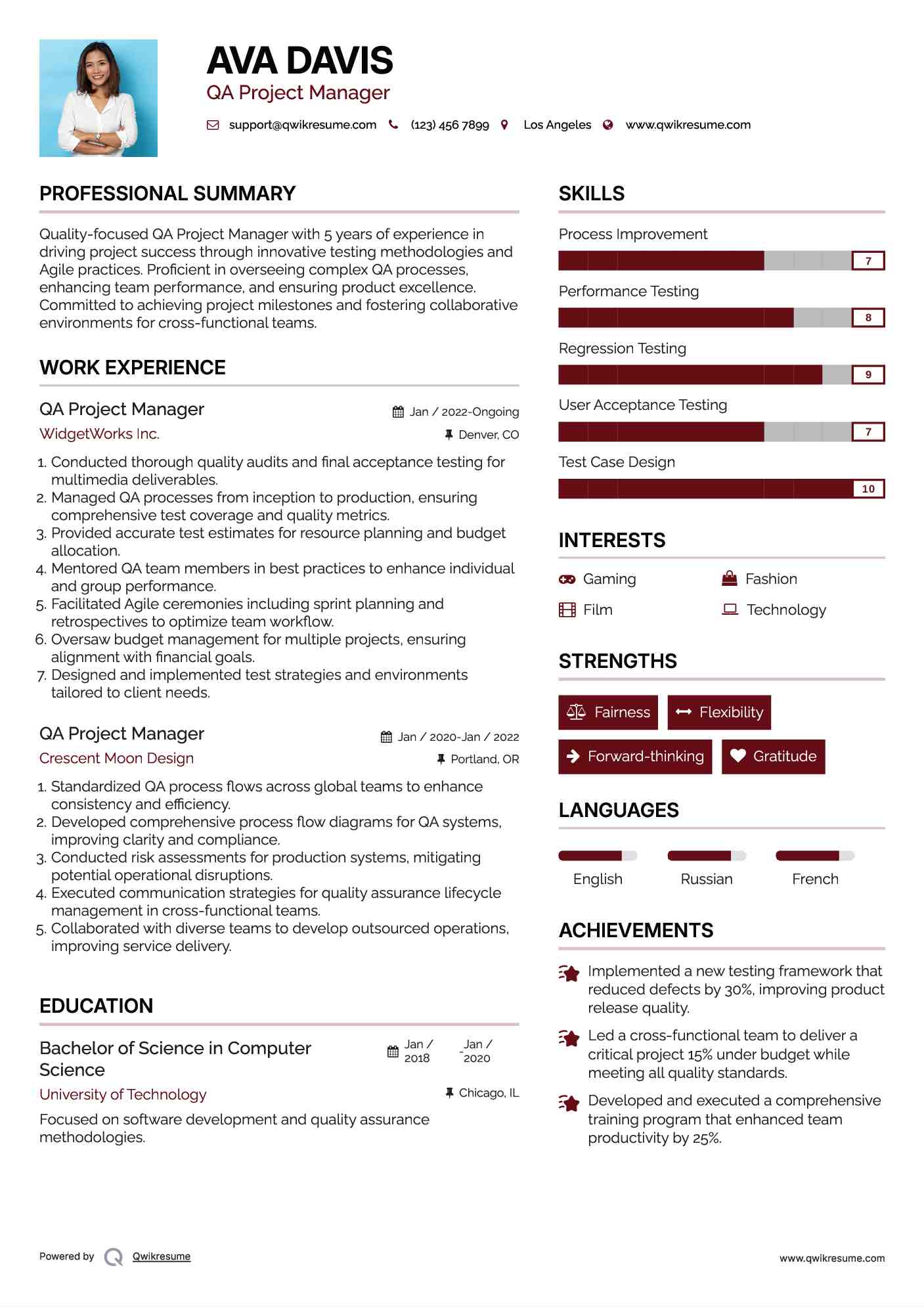 QA Project Manager Resume Sample