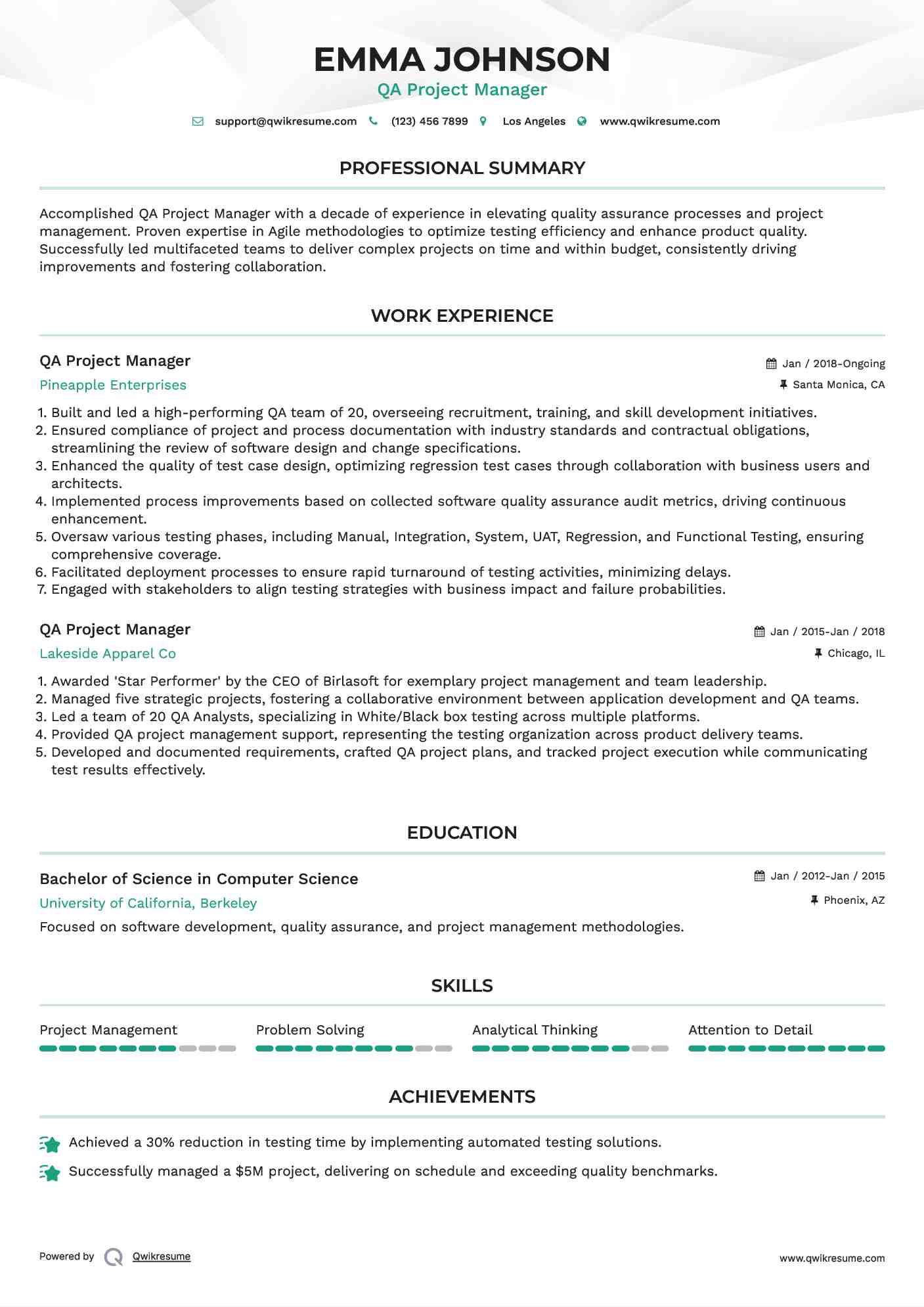 QA Project Manager Resume Example