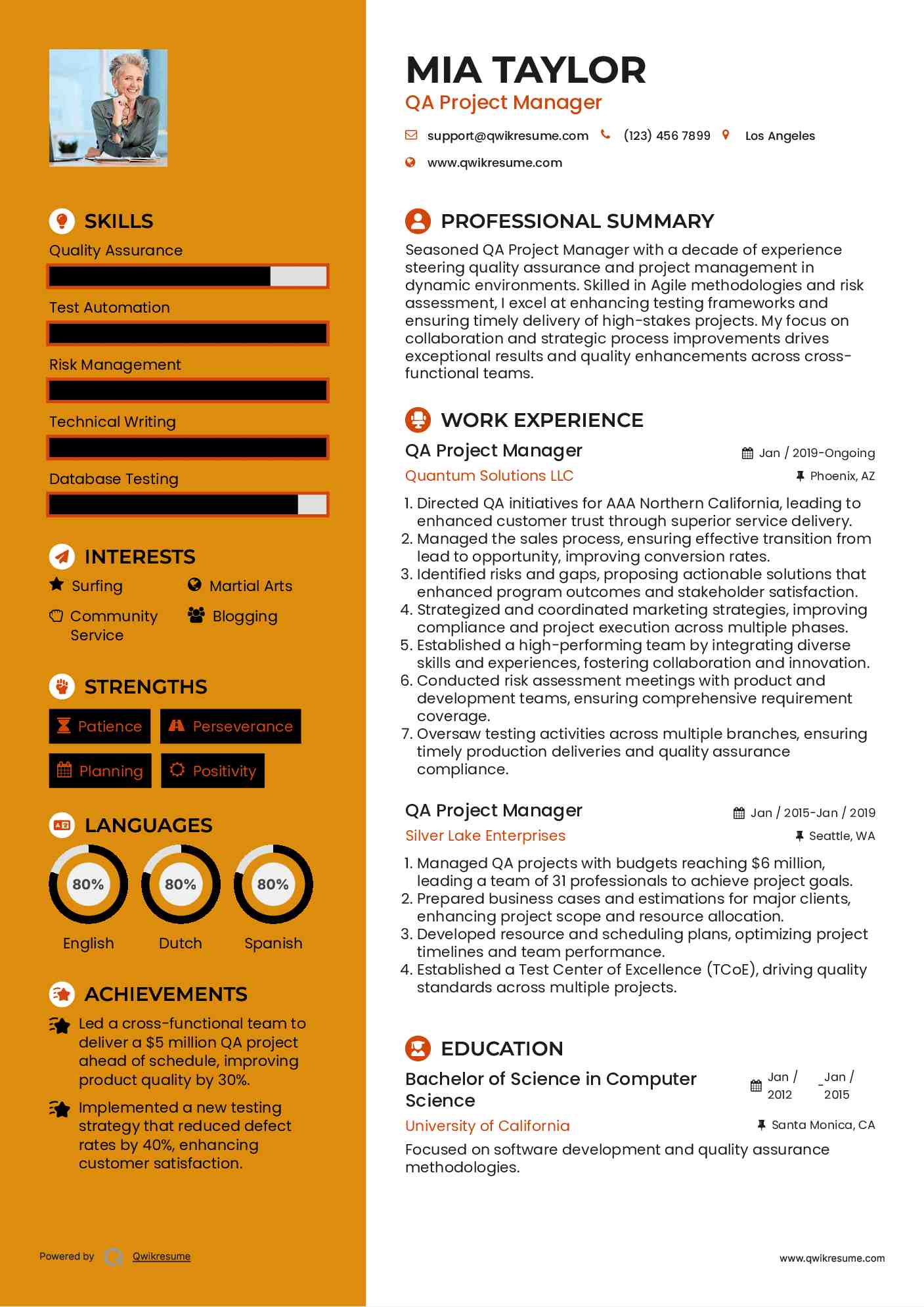 QA Project Manager Resume Sample