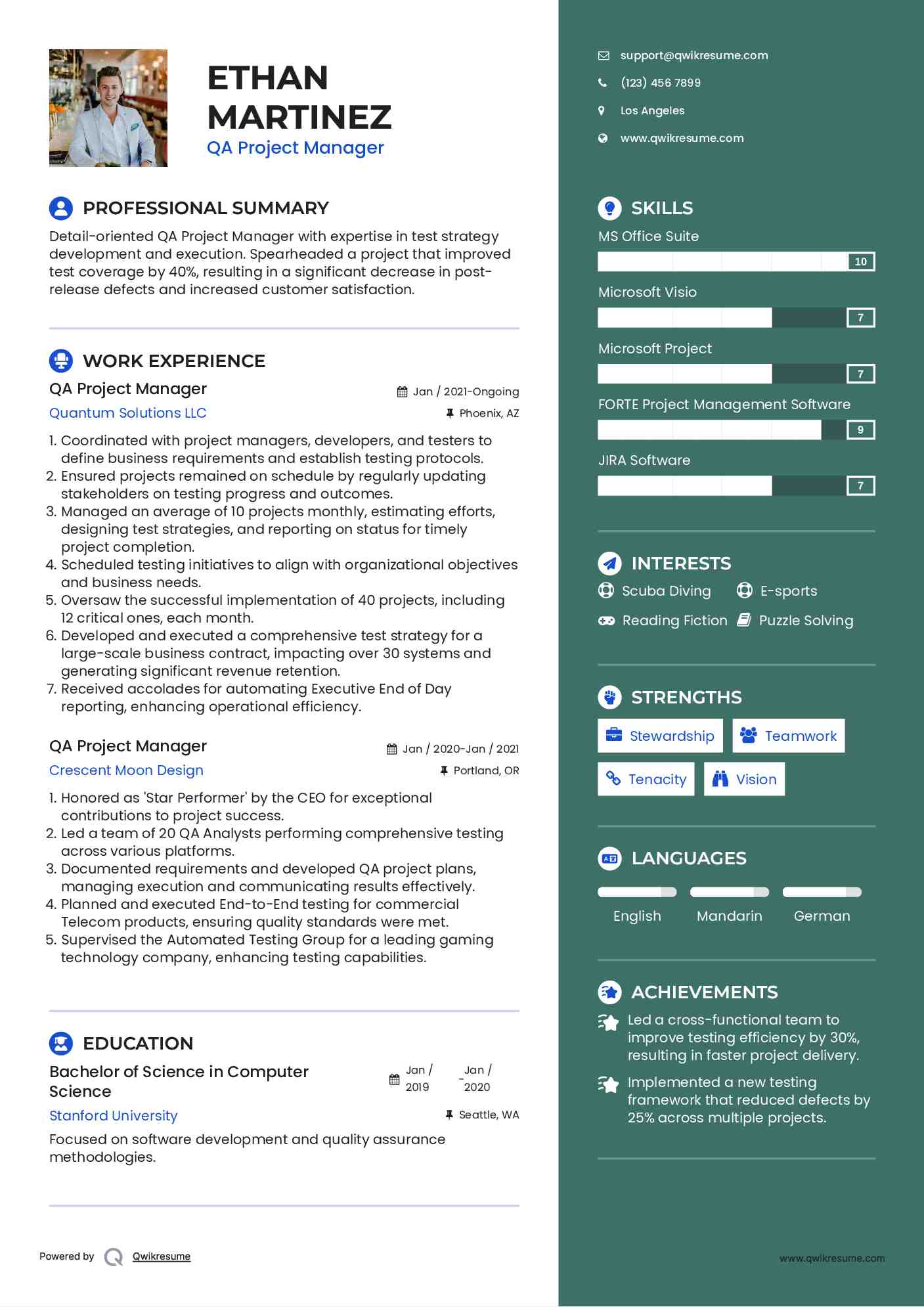 QA Project Manager Resume Sample