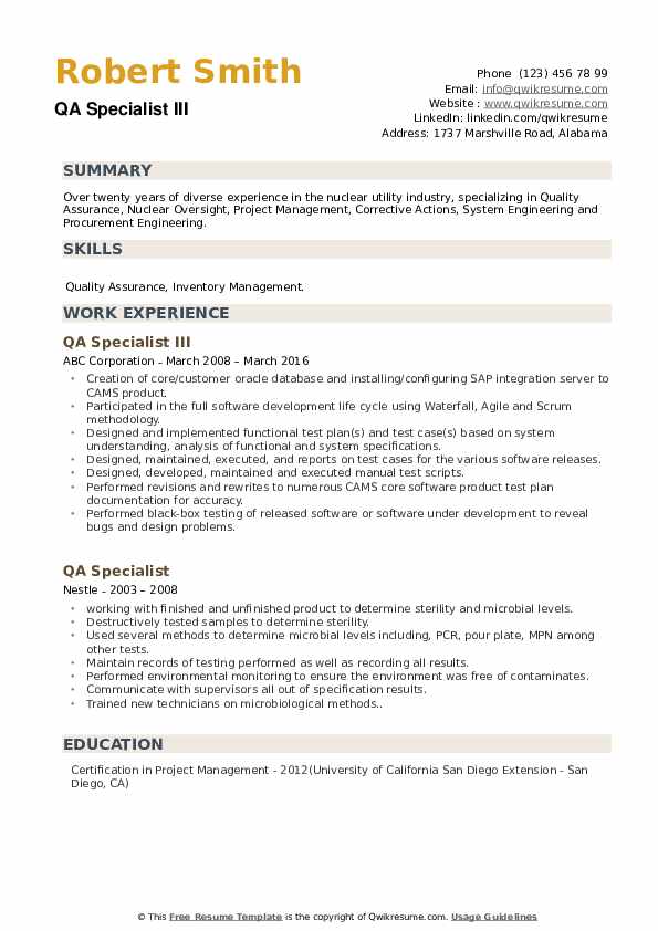QA Specialist Resume Samples QwikResume