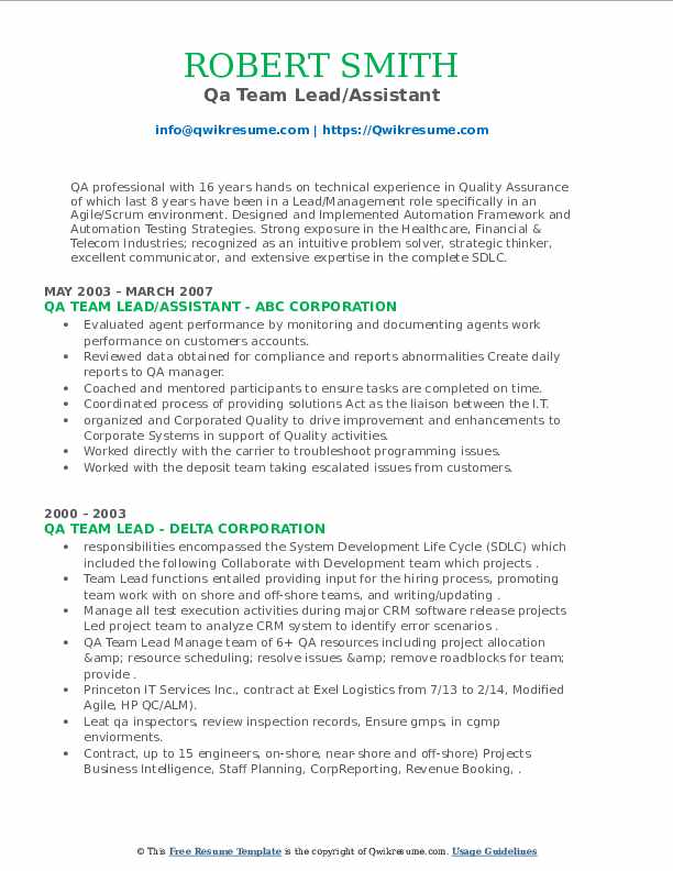 Qa Team Lead Resume Samples QwikResume