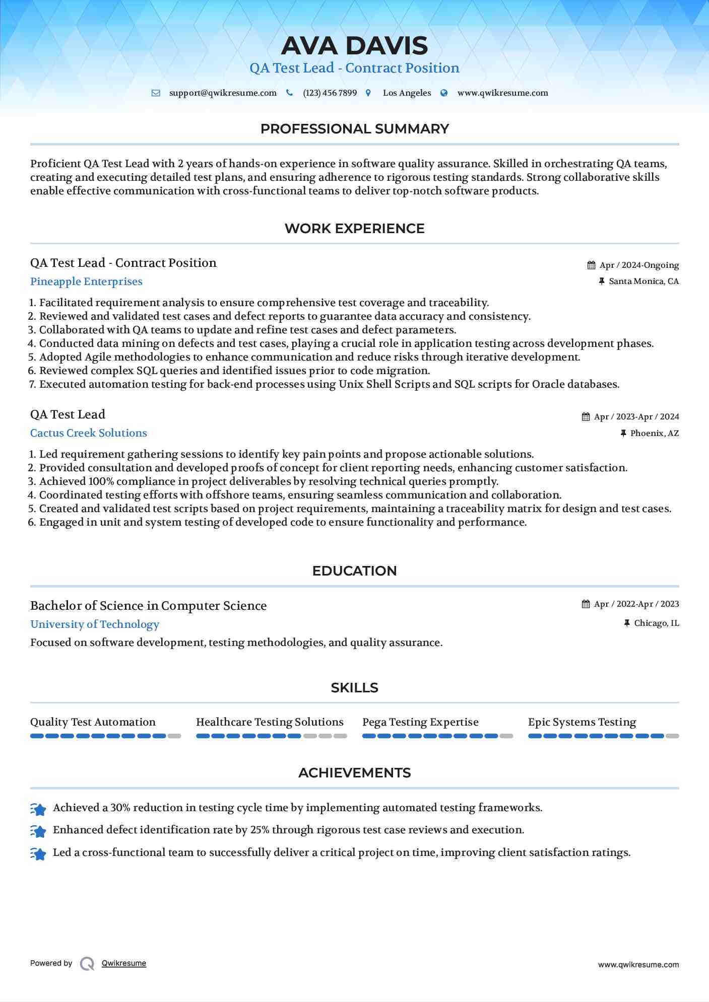 QA Test Lead - Contract Position Resume Template