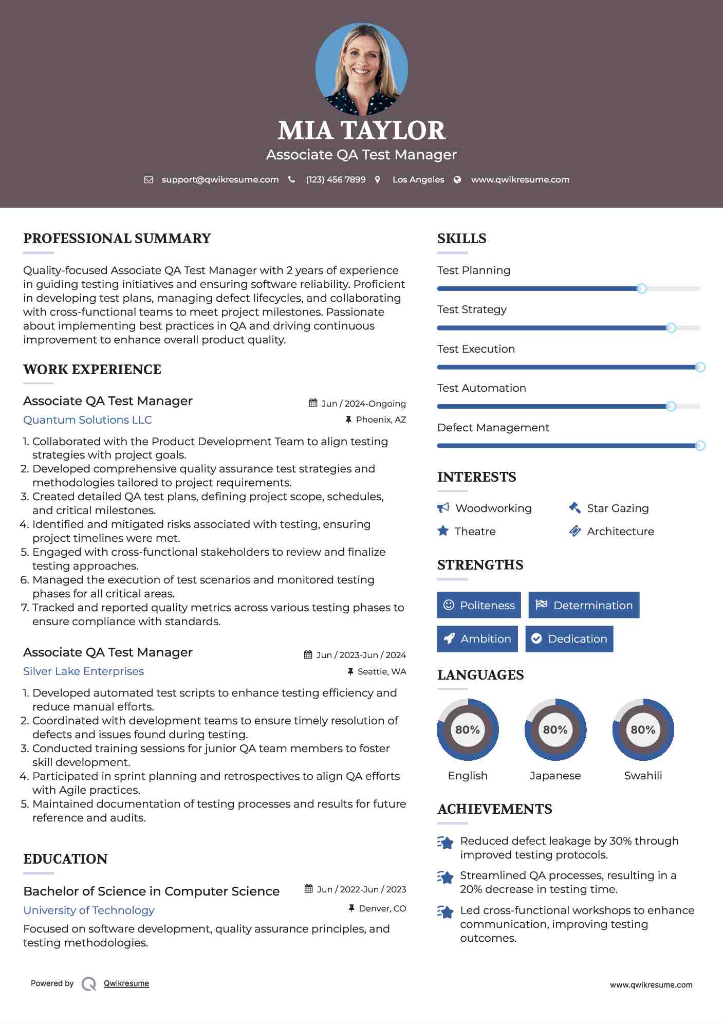 Associate QA Test Manager  Resume Template