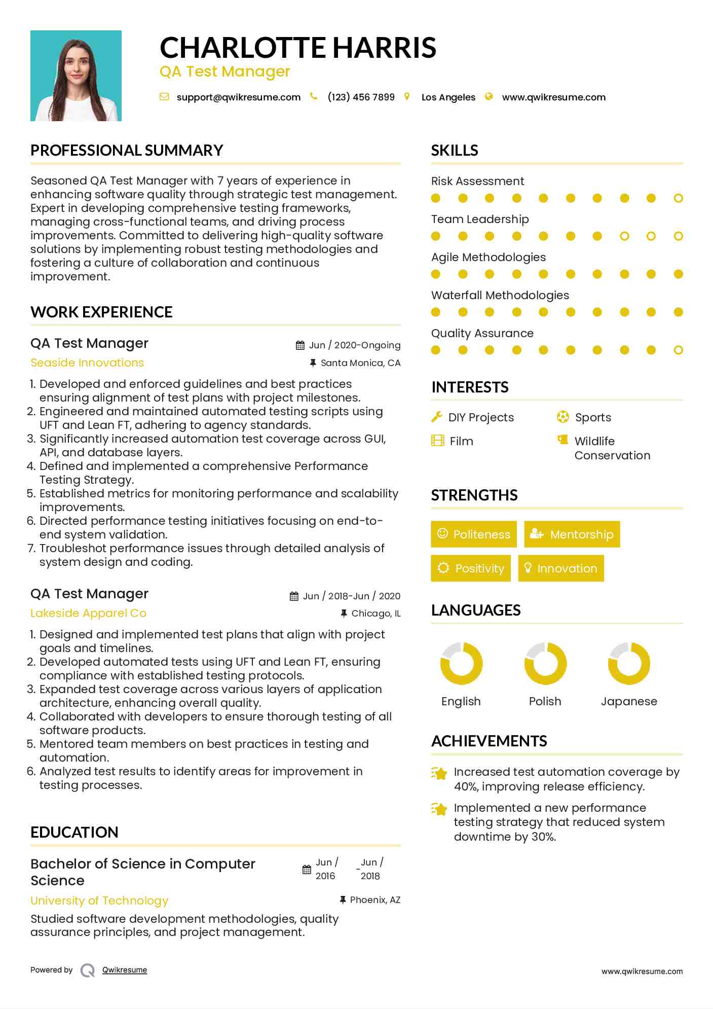 QA Test Manager Resume Example