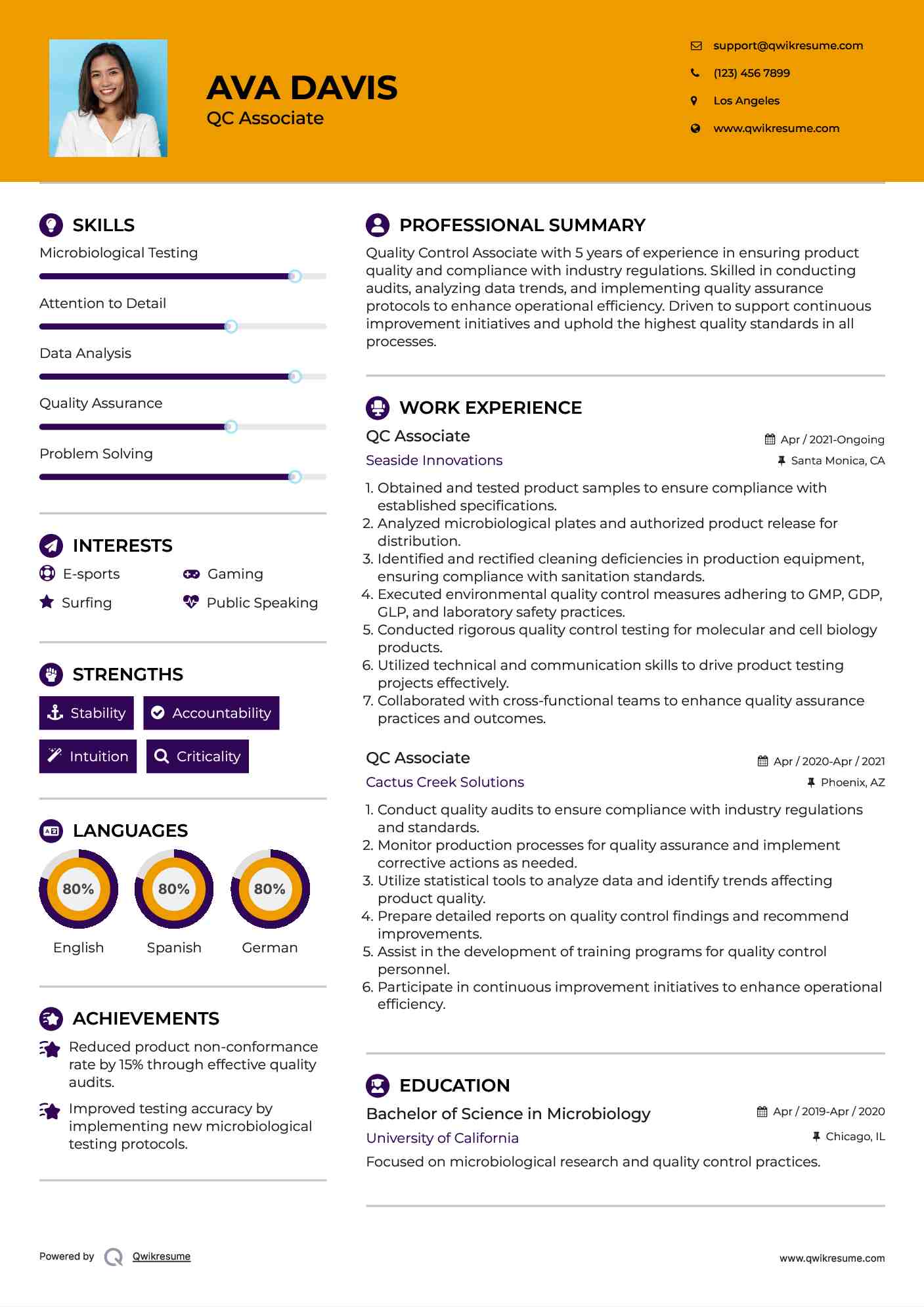 QC Associate Resume Example