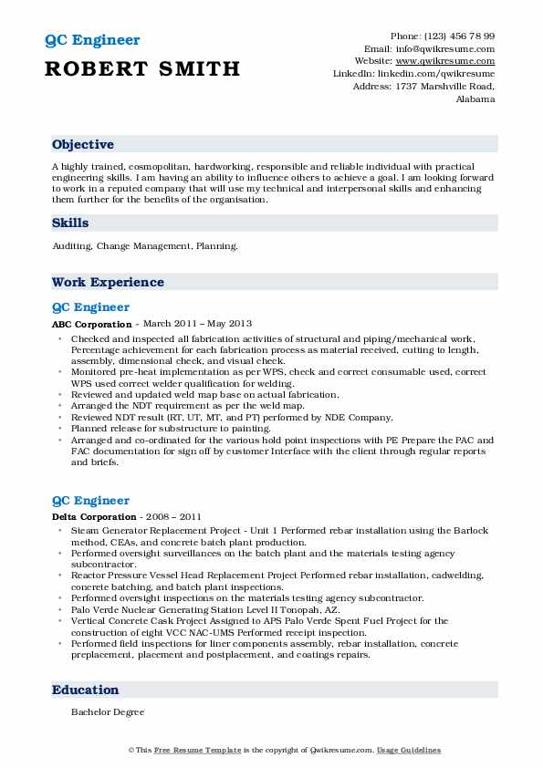 QC Engineer Resume Samples QwikResume