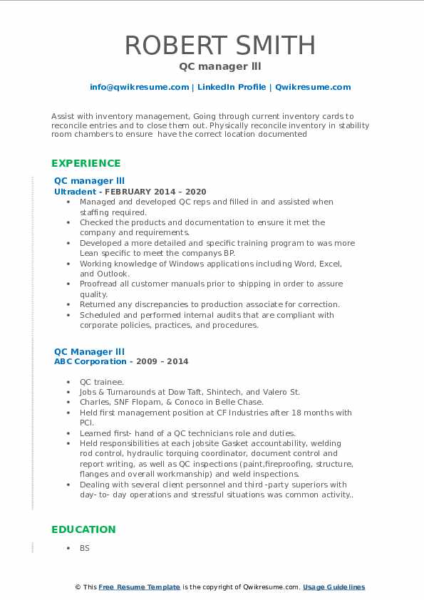 QC Manager Resume Samples QwikResume