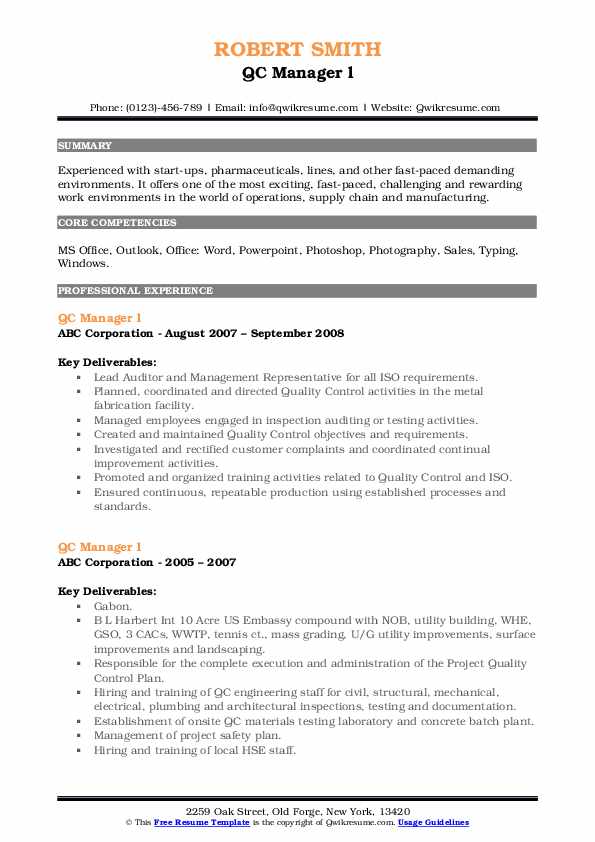 QC Manager Resume Samples QwikResume