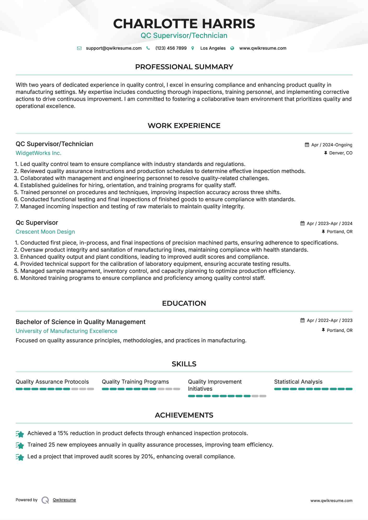 QC Supervisor/Technician Resume Sample