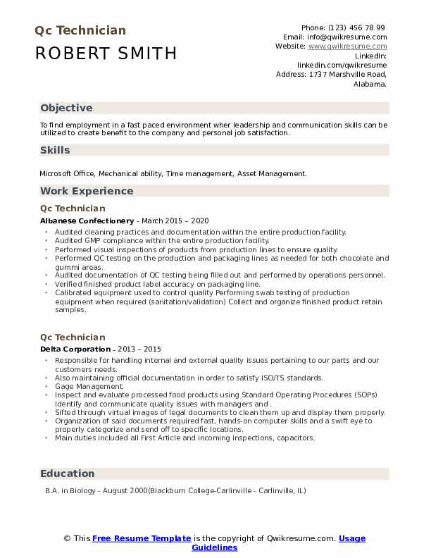 Qc Technician Resume Samples QwikResume