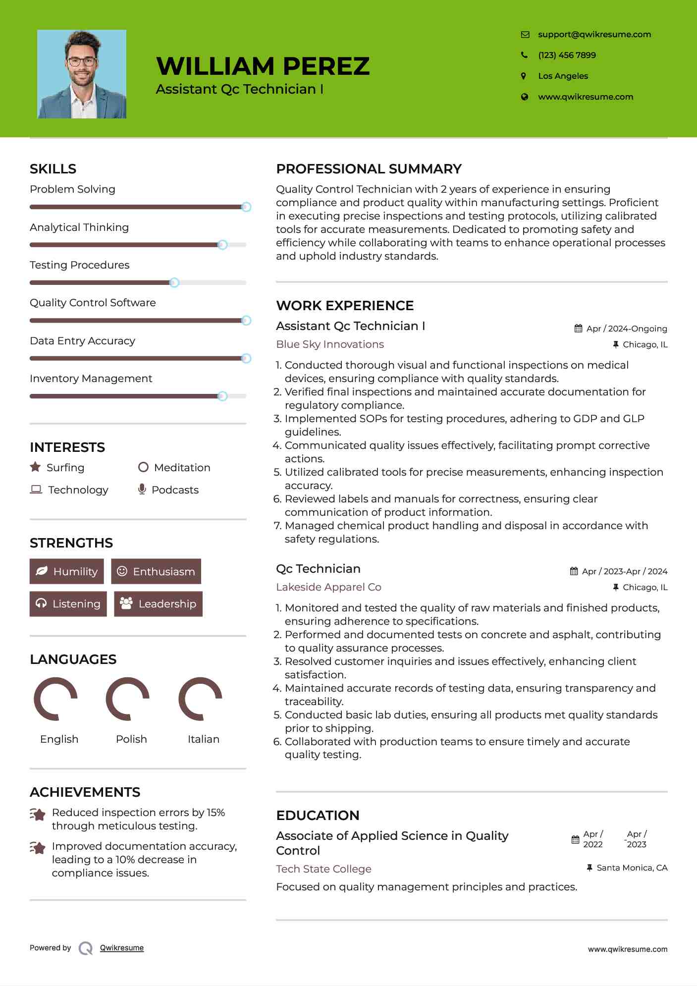 Qc Technician Resume Samples QwikResume