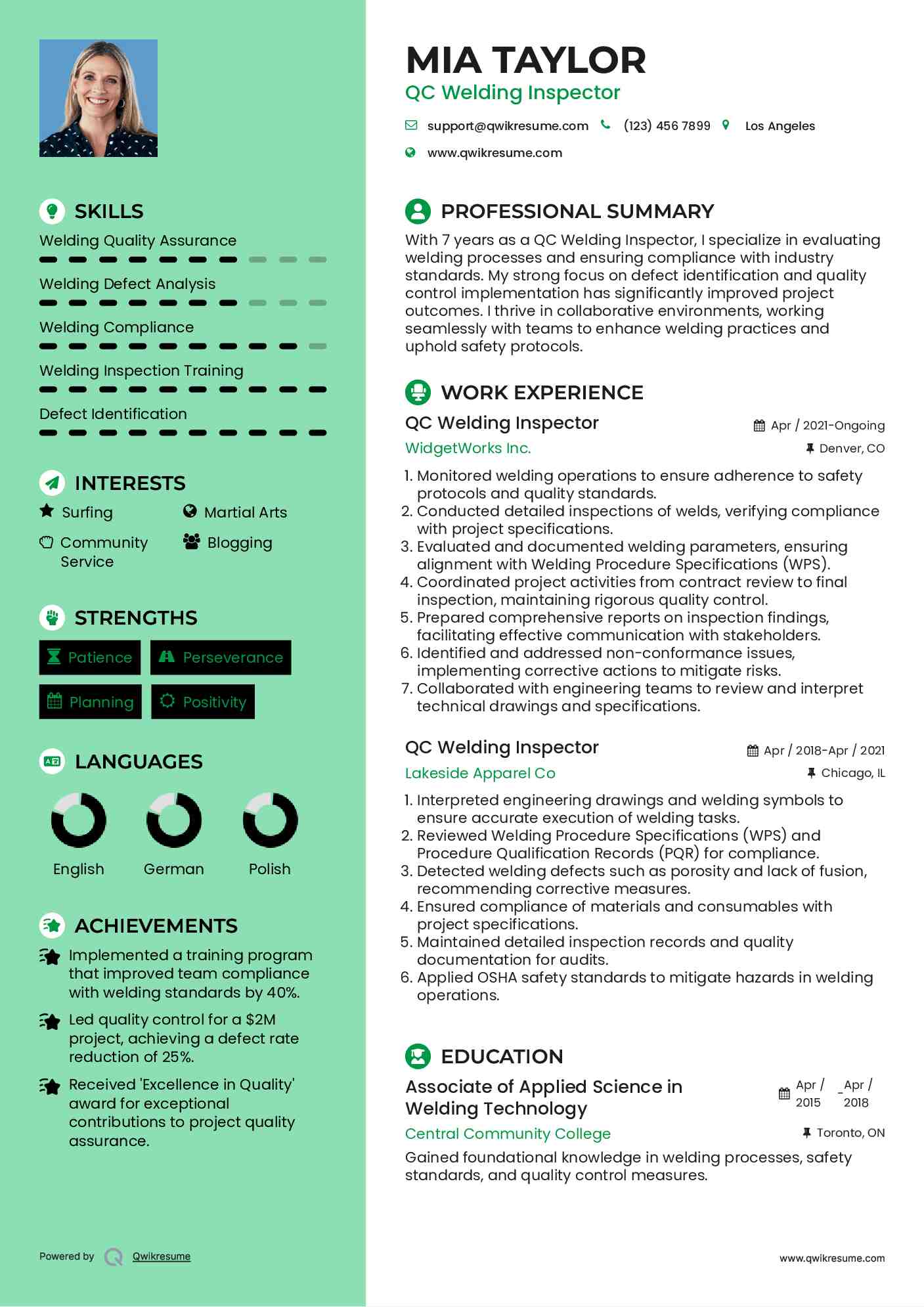QC Welding Inspector Resume Model
