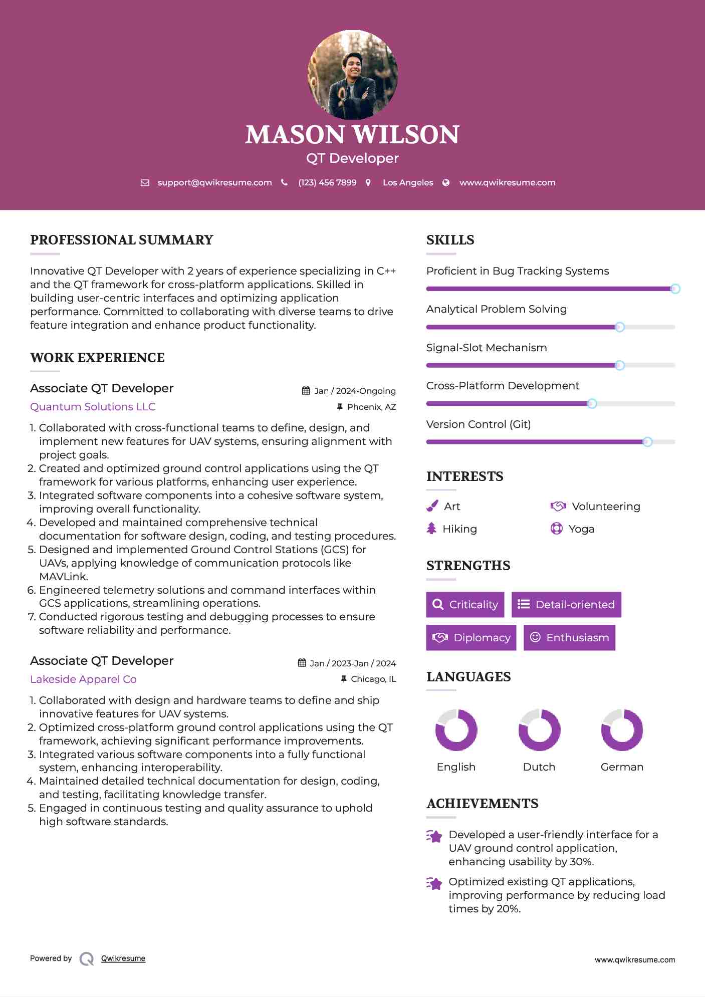 Associate QT Developer Resume Example