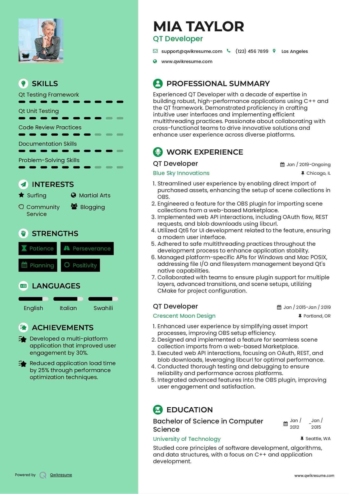 QT Developer Resume Example