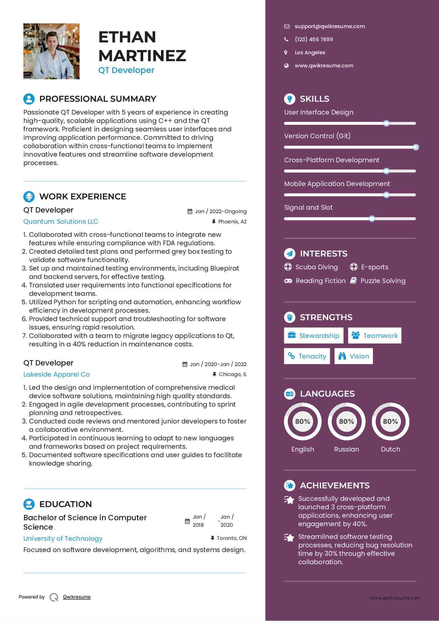 QT Developer Resume Example