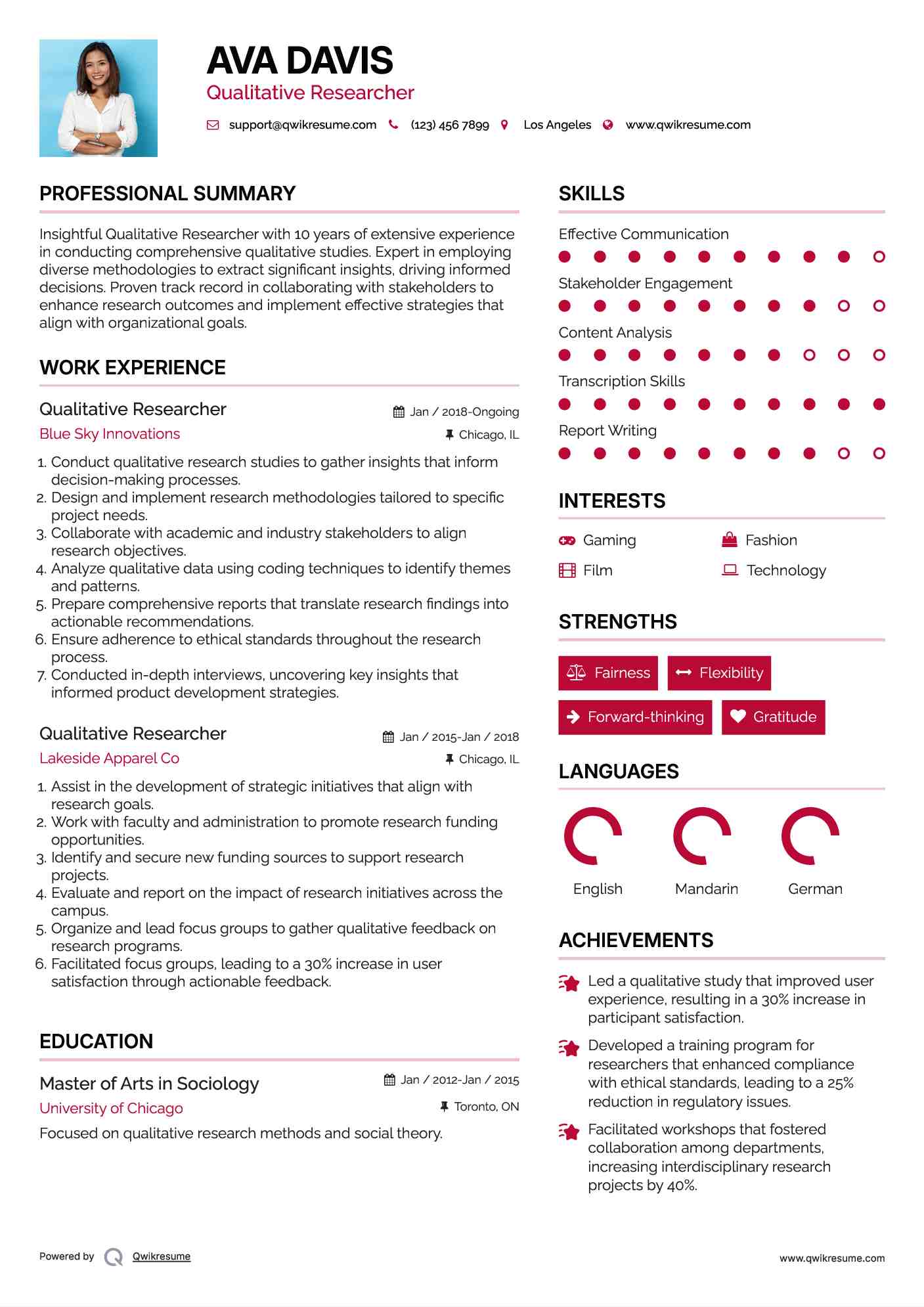 Qualitative Researcher Resume Model