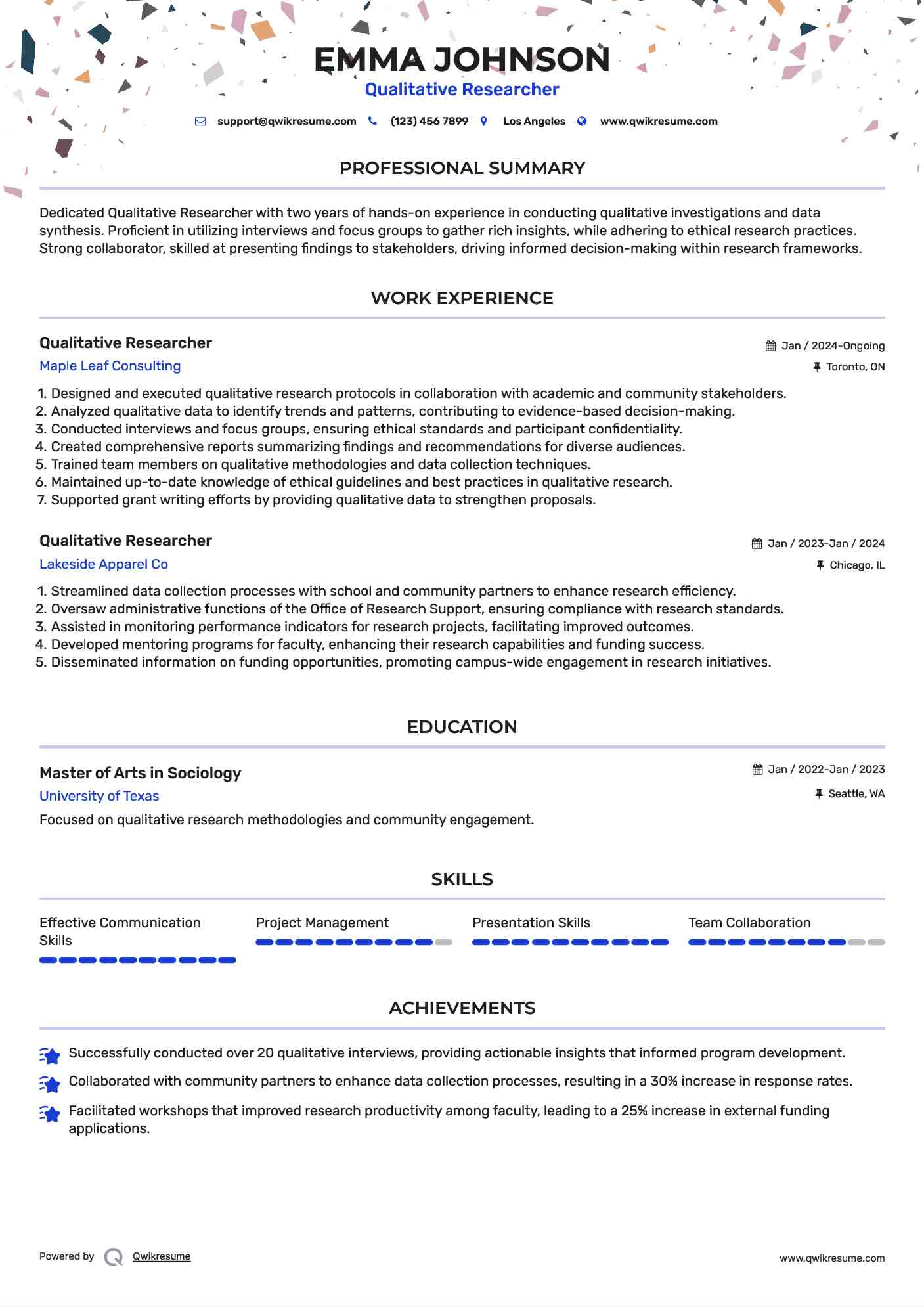 Qualitative Researcher Resume Sample