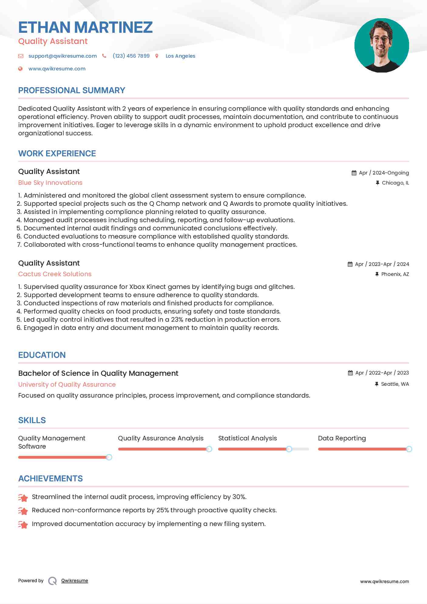 Quality Assistant Resume Sample
