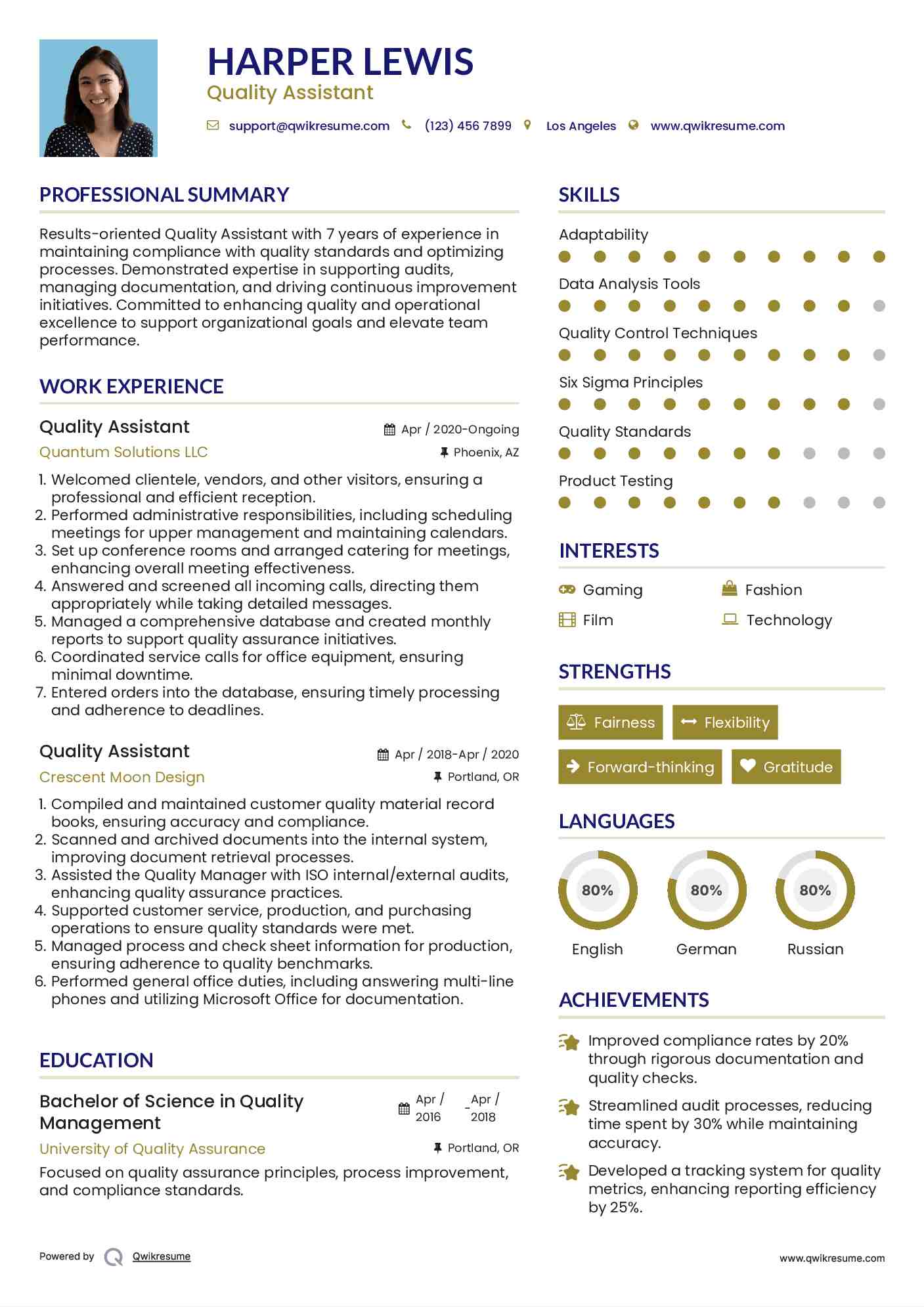 Quality Assistant Resume Model