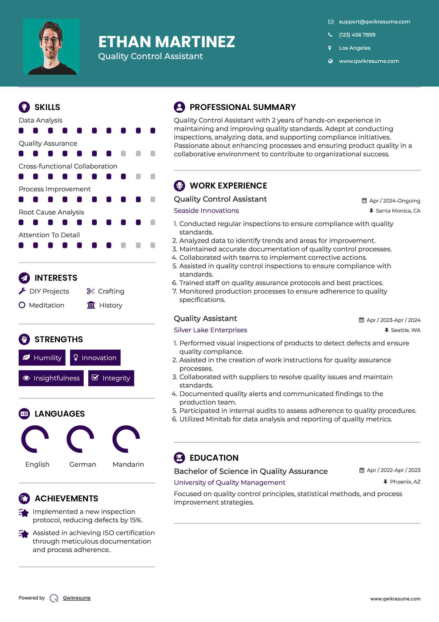 Quality Control Assistant Resume Sample