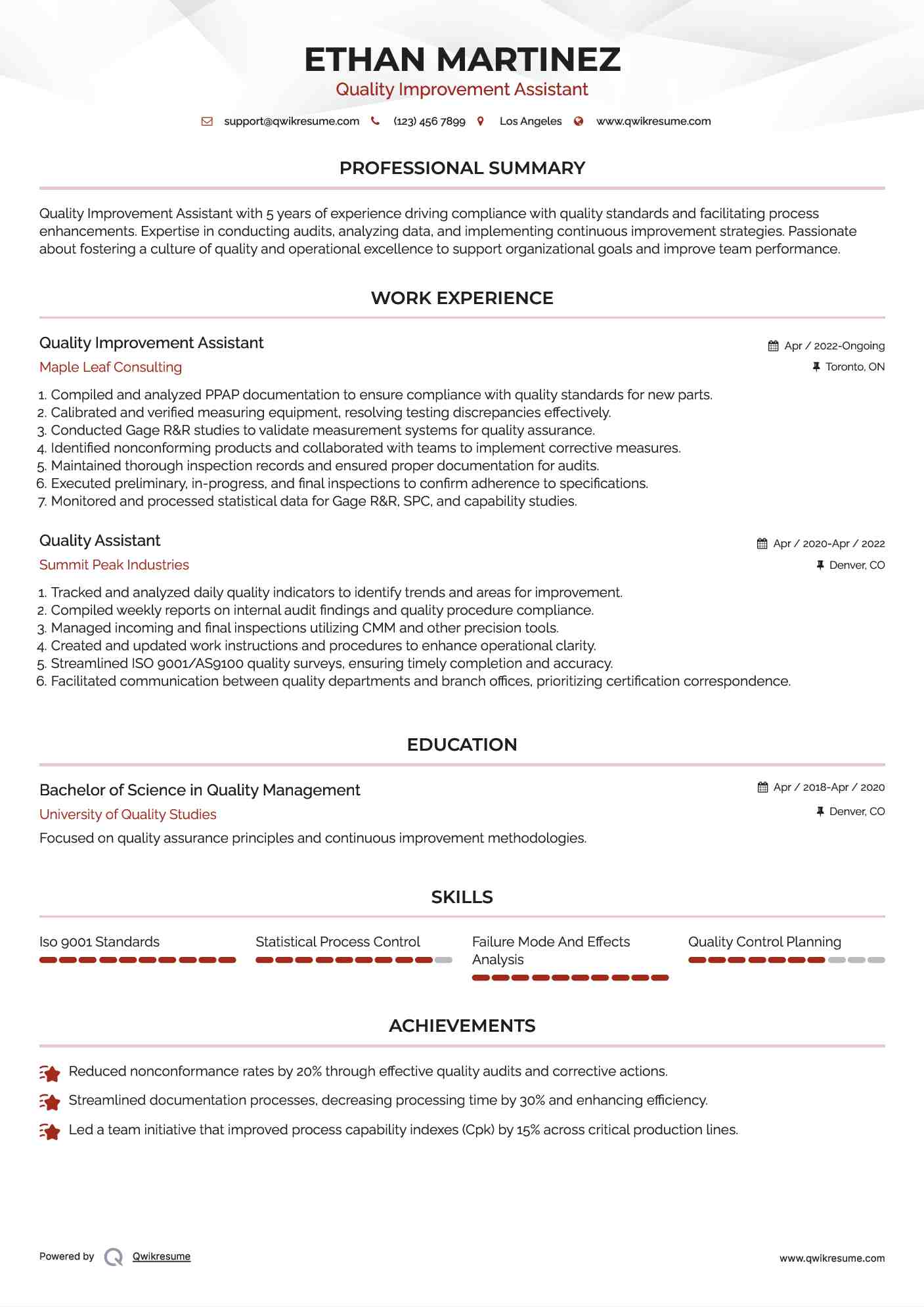 Quality Improvement Assistant Resume Template
