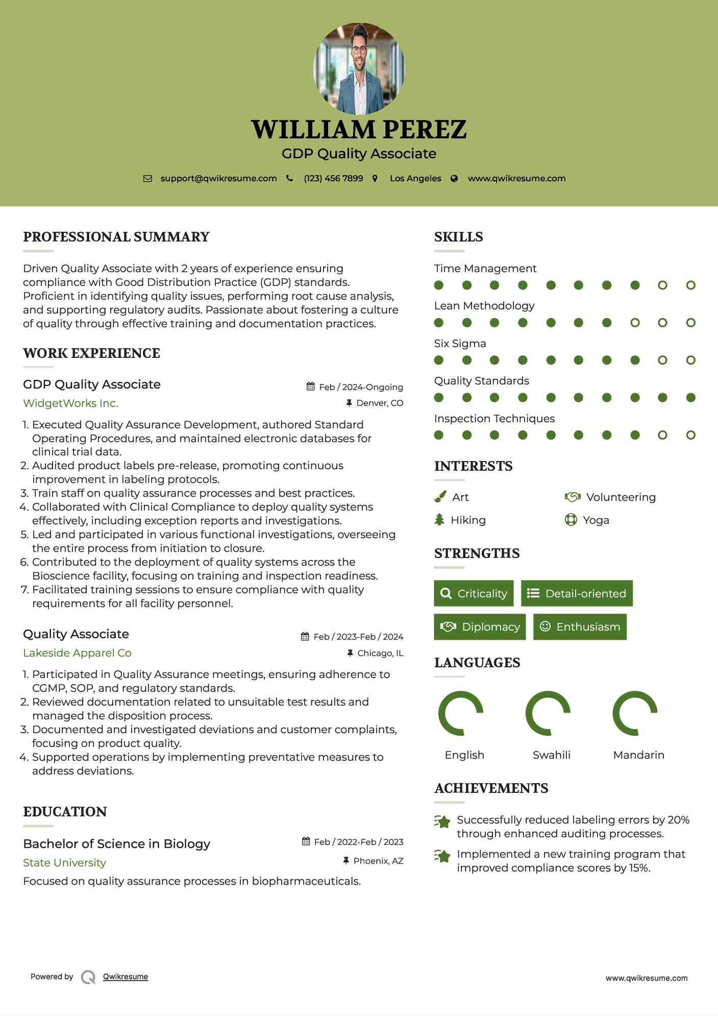 GDP Quality Associate Resume Example