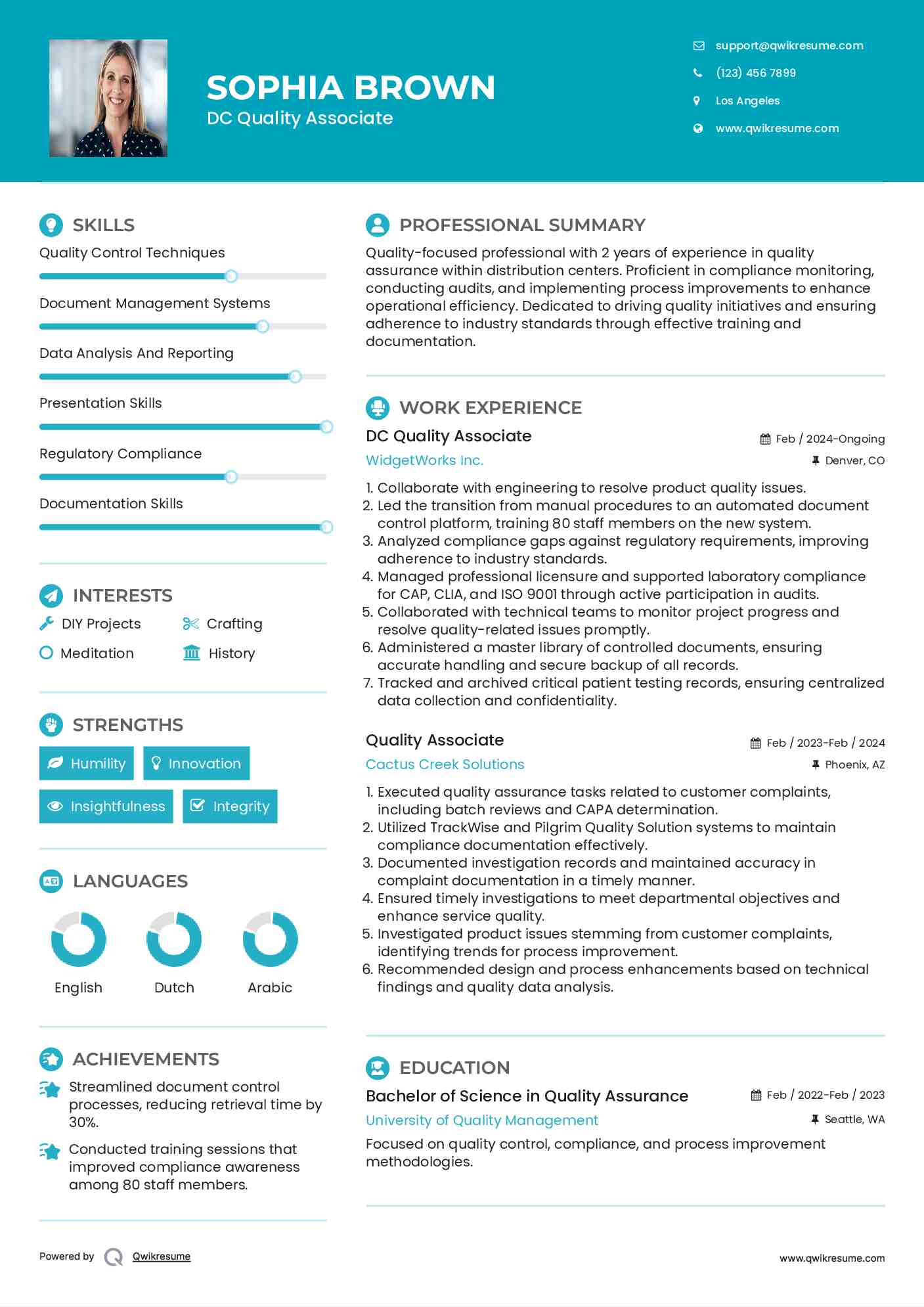 DC Quality Associate Resume Template