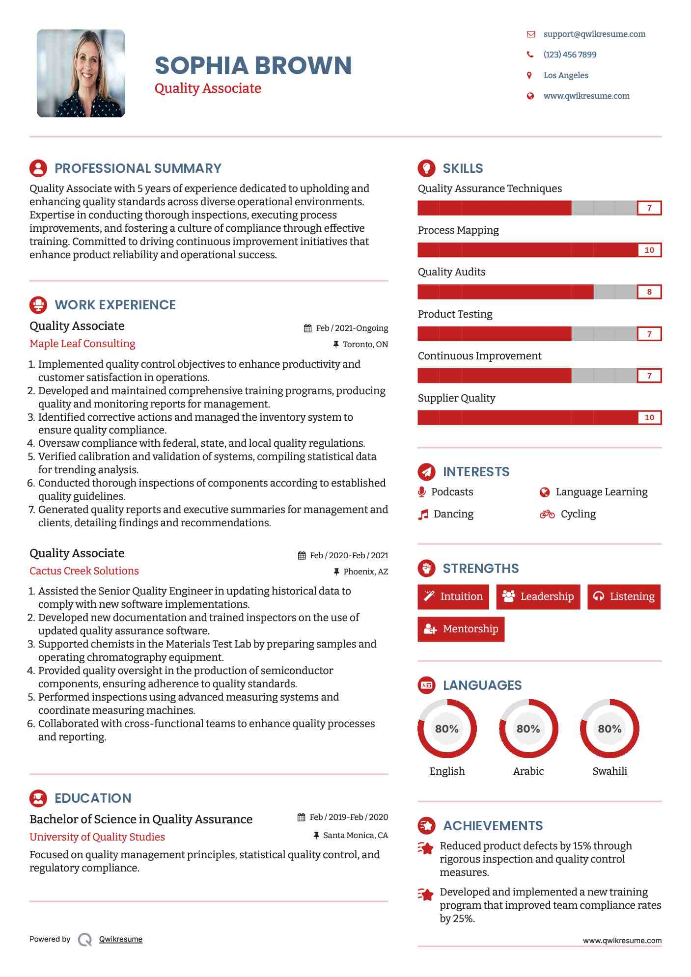 Quality Associate Resume Example