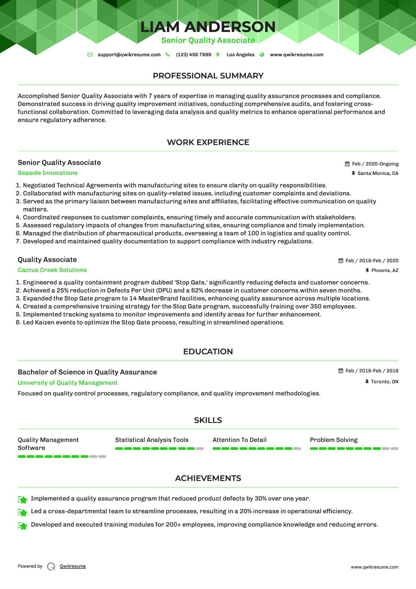 Senior Quality Associate Resume Sample