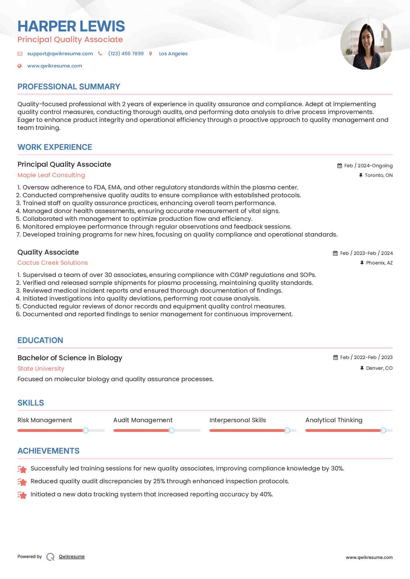 Principal Quality Associate Resume Sample