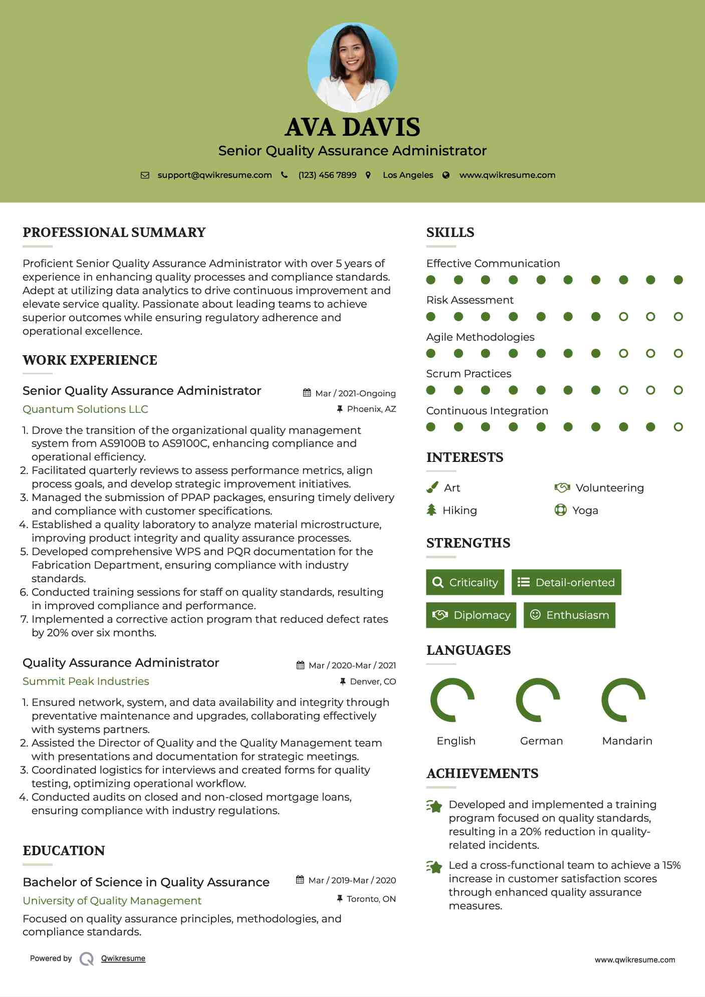 Senior Quality Assurance Administrator Resume Format