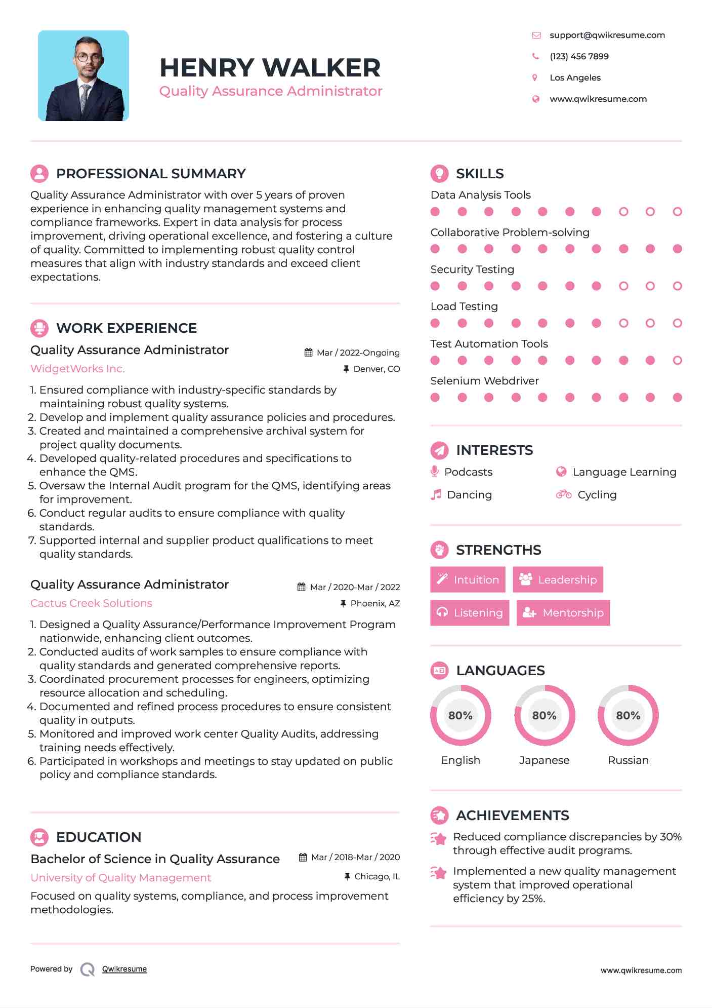 Quality Assurance Administrator Resume Sample