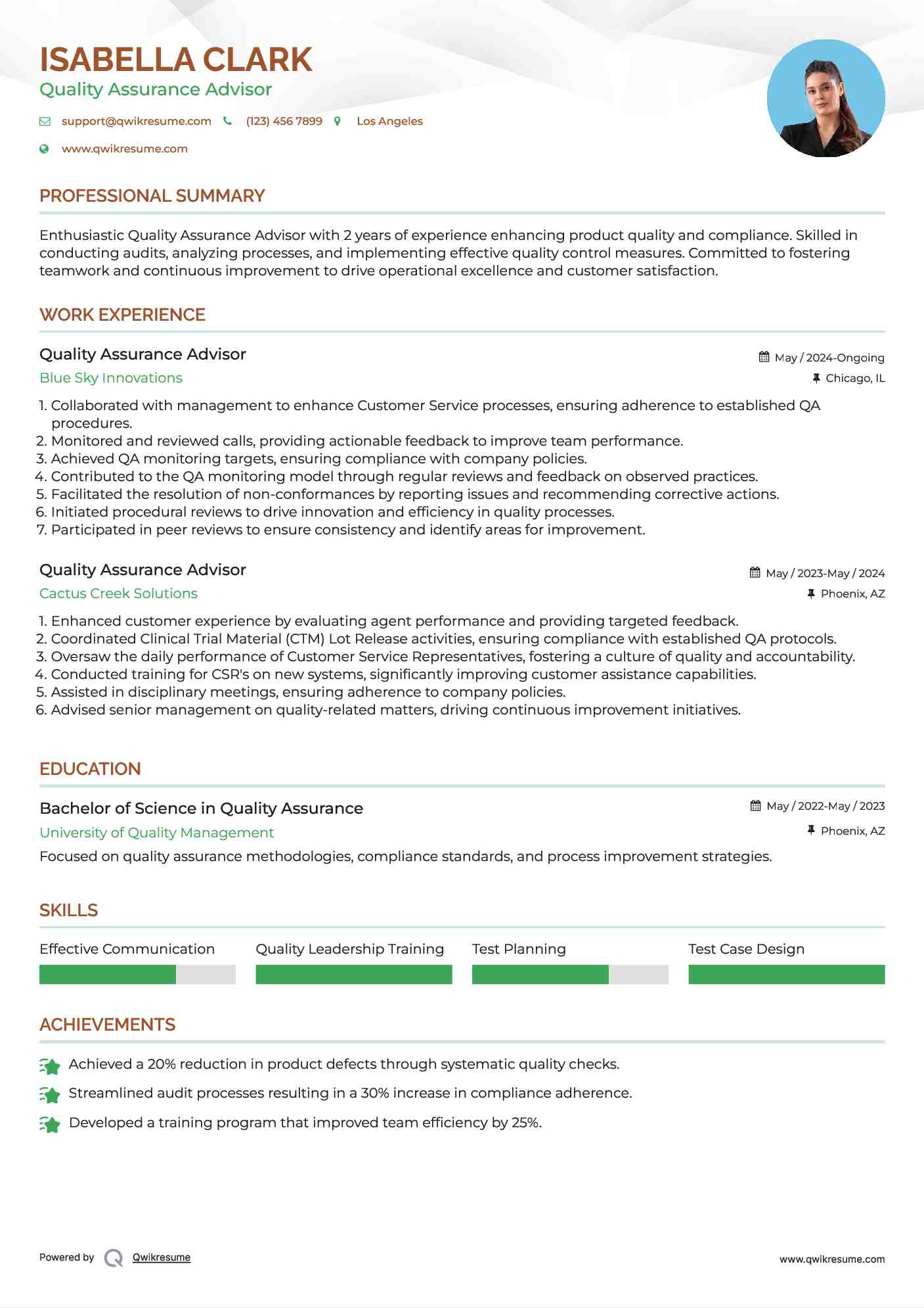 Quality Assurance Advisor Resume Template