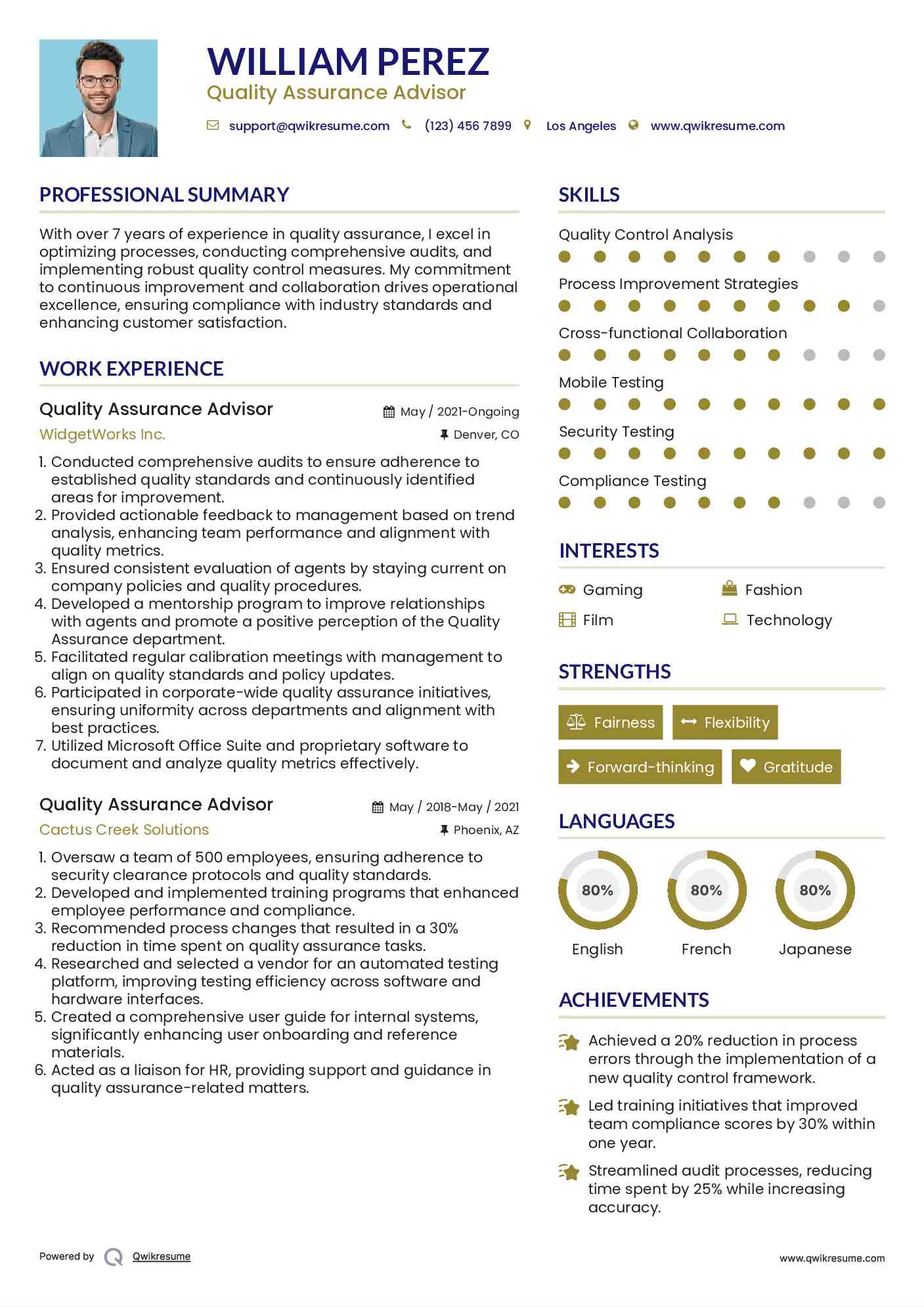 Quality Assurance Advisor Resume Example