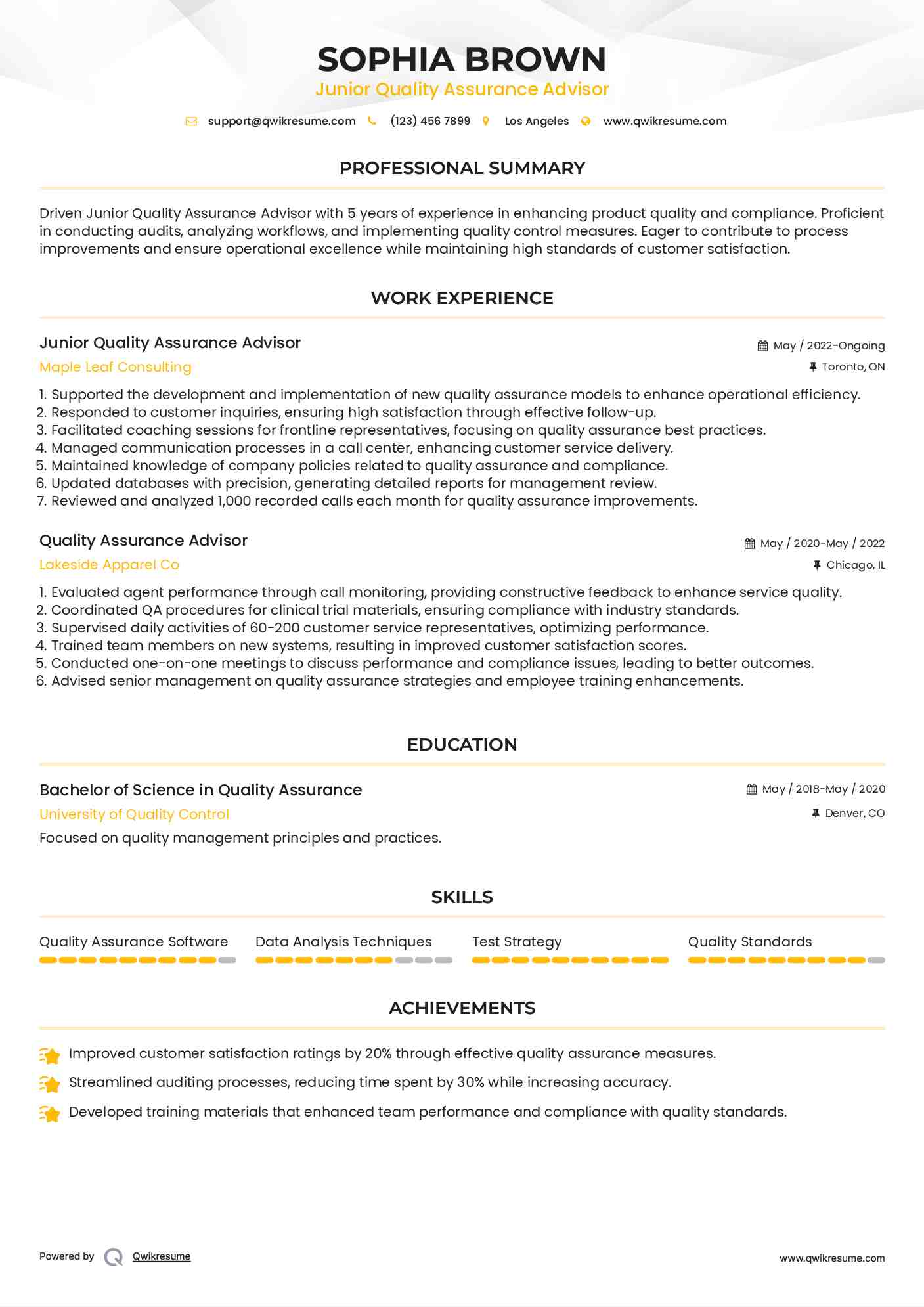 Junior Quality Assurance Advisor Resume Format