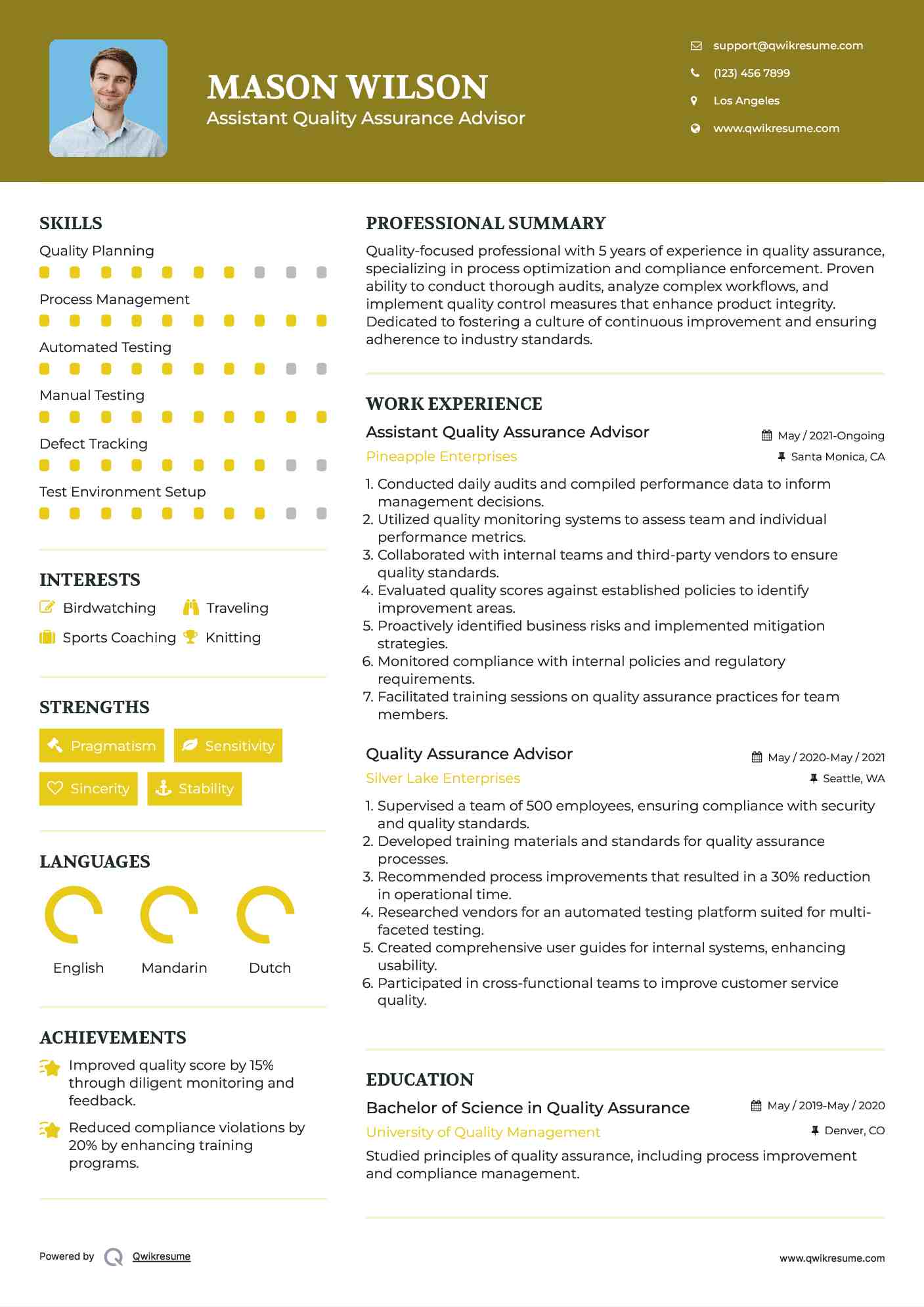 Assistant Quality Assurance Advisor Resume Format